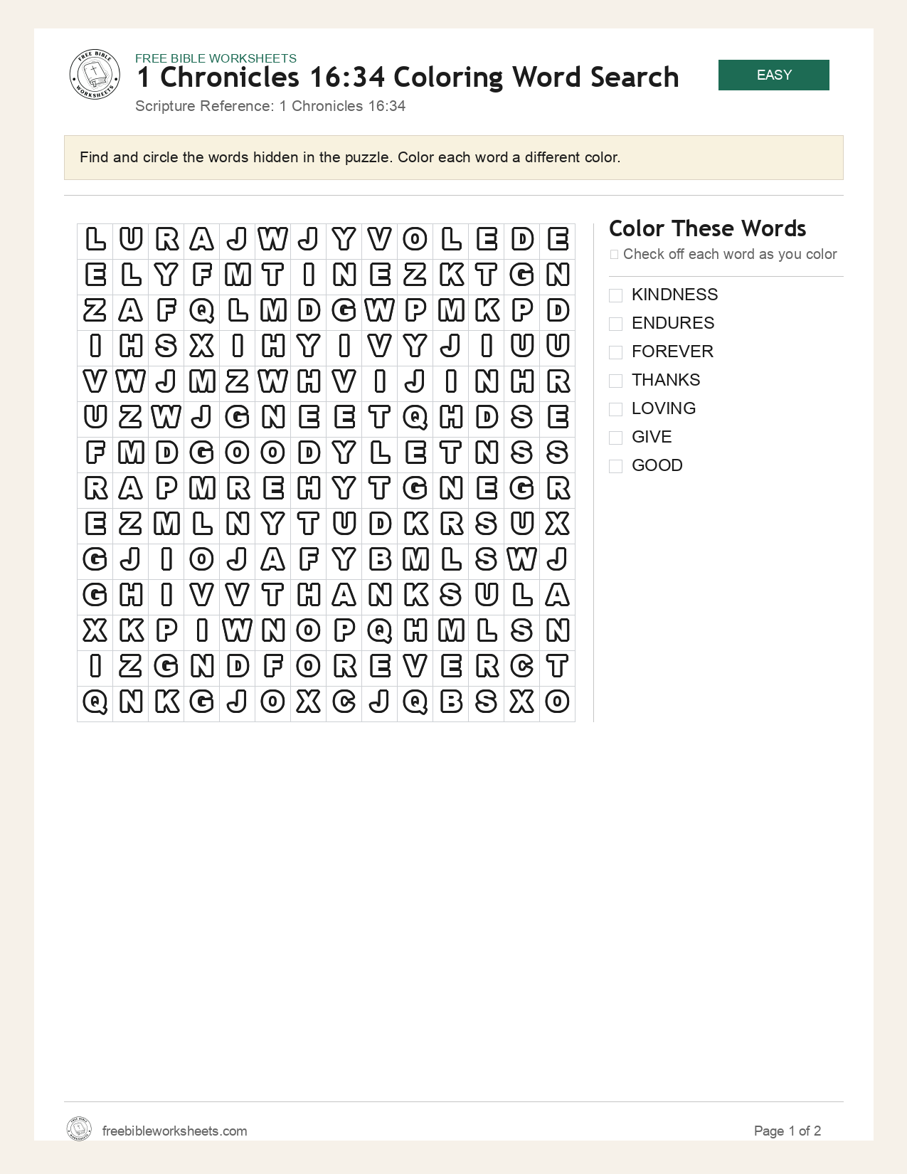 1 Chronicles 16:34 Coloring Word Search preview