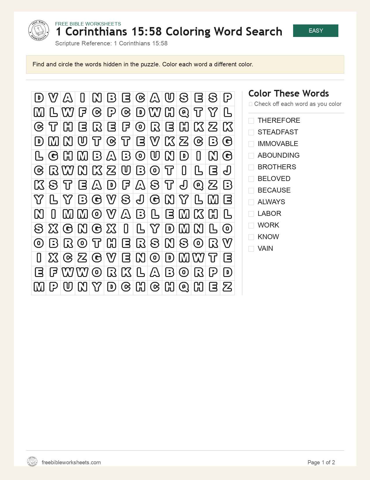 1 Corinthians 15:58 Coloring Word Search preview
