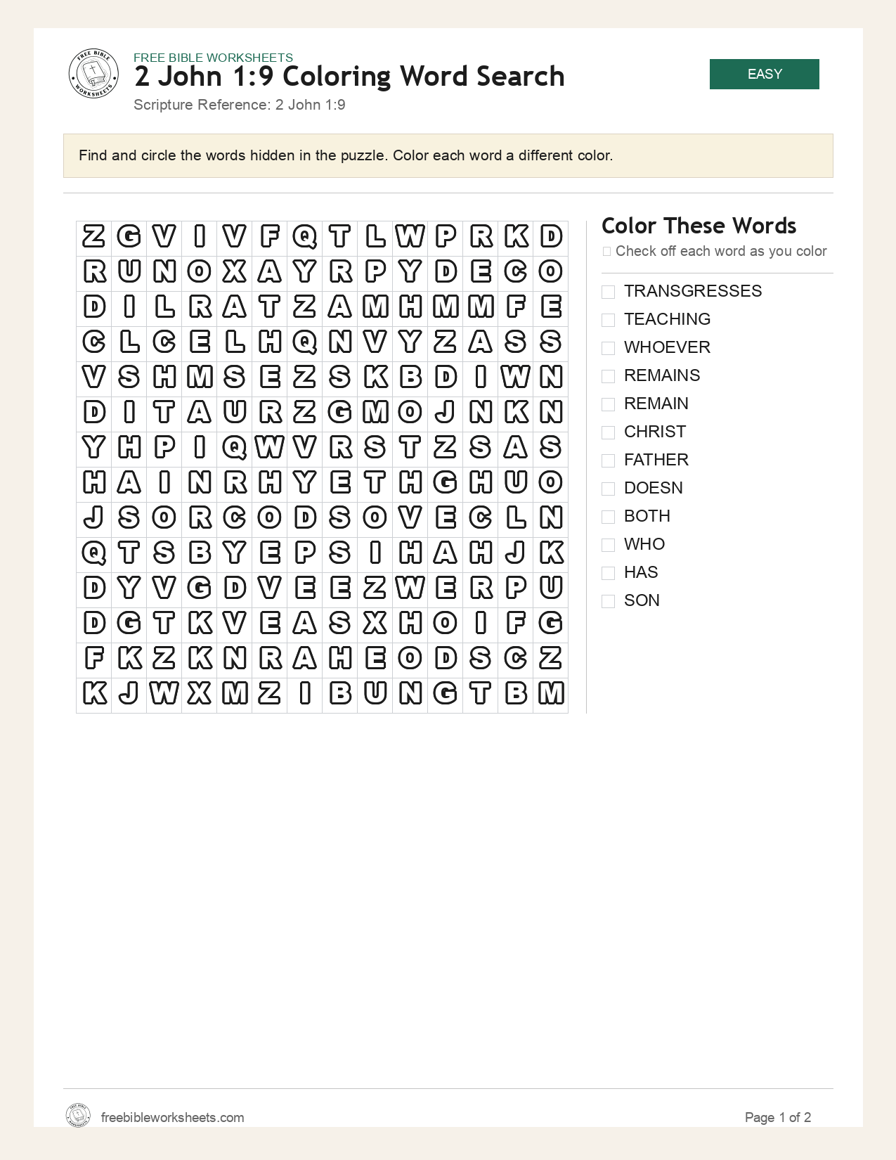 2 John 1:9 Coloring Word Search preview