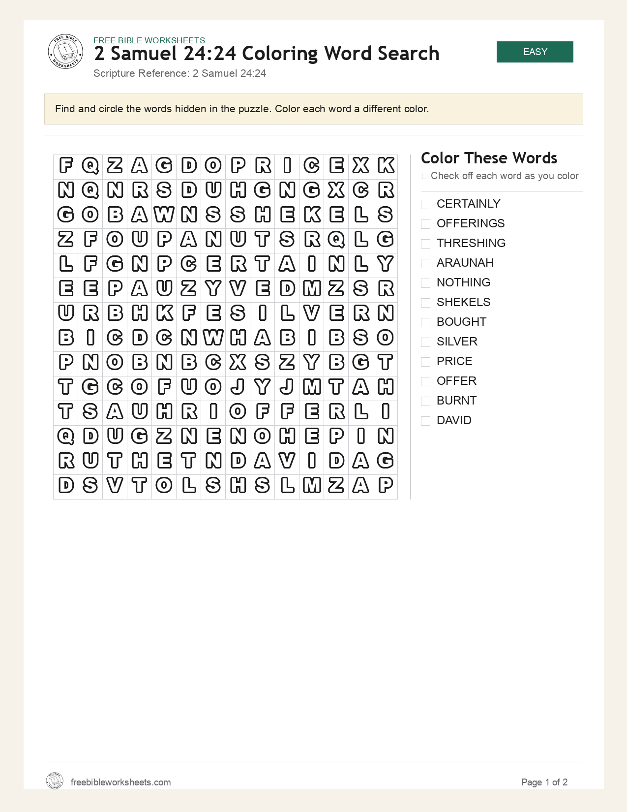 2 Samuel 24:24 Coloring Word Search preview