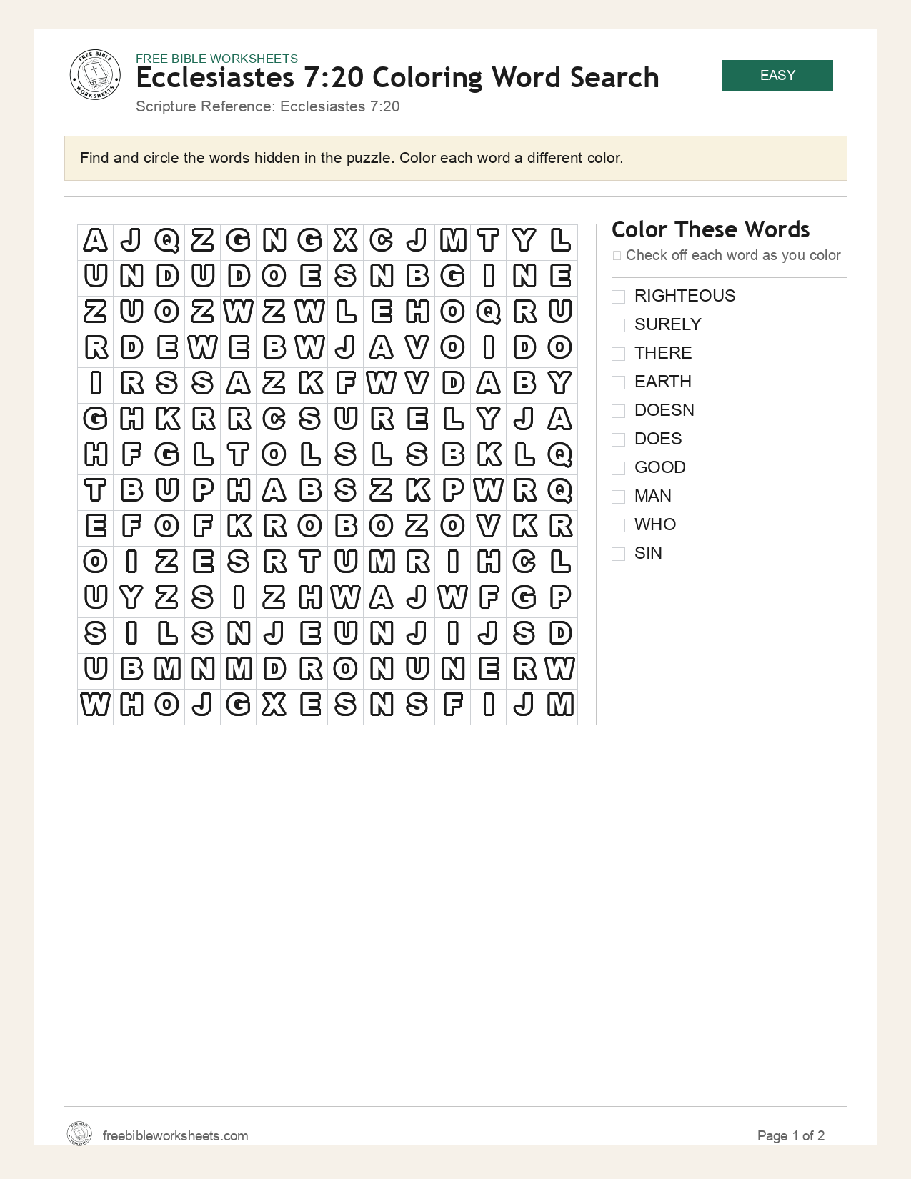 Ecclesiastes 7:20 Coloring Word Search preview
