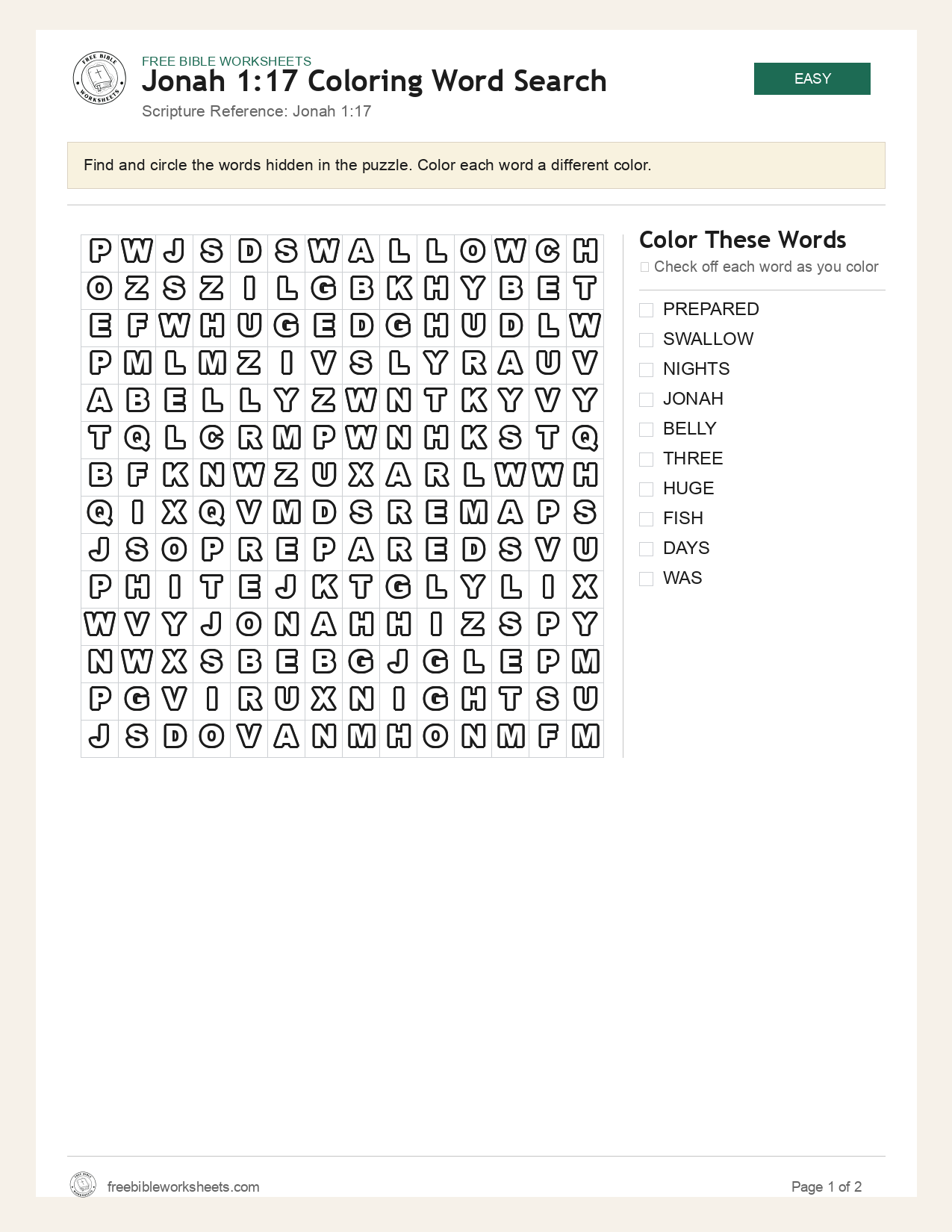 Jonah 1:17 Coloring Word Search preview