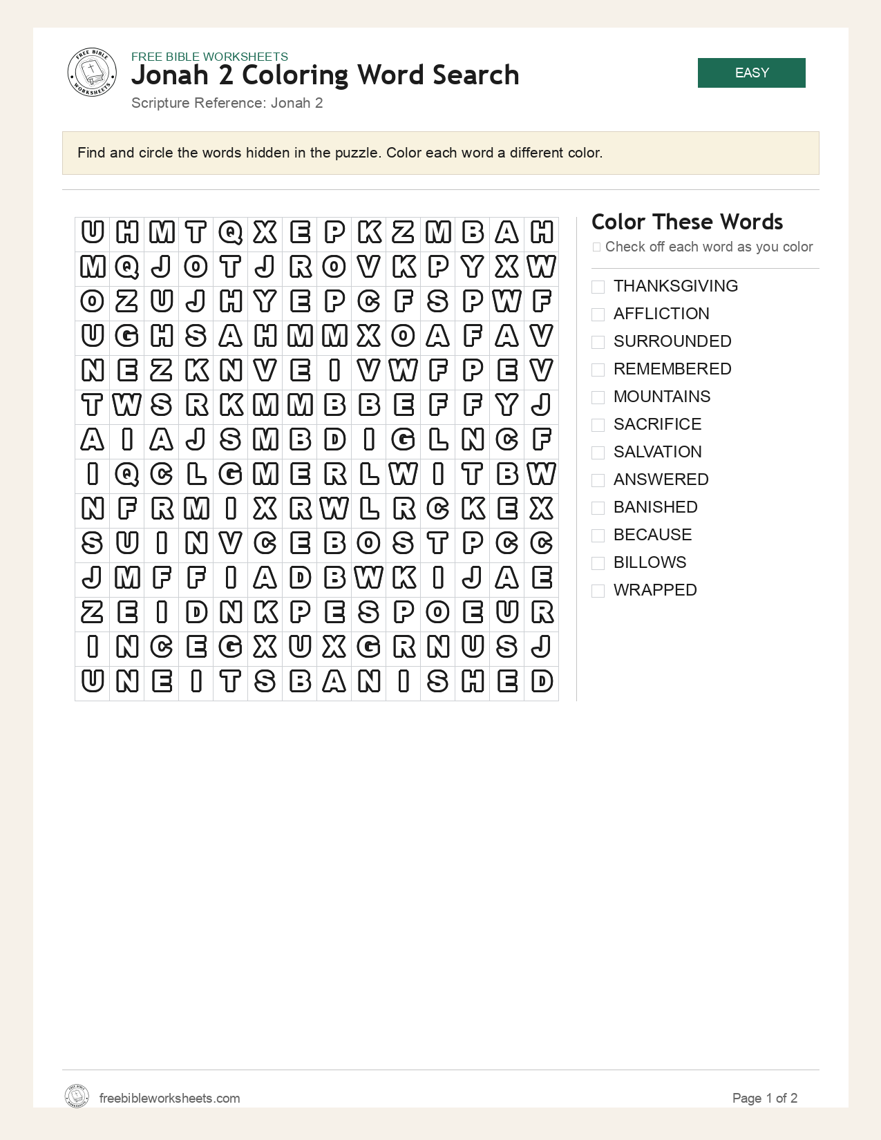 Jonah 2 Coloring Word Search preview