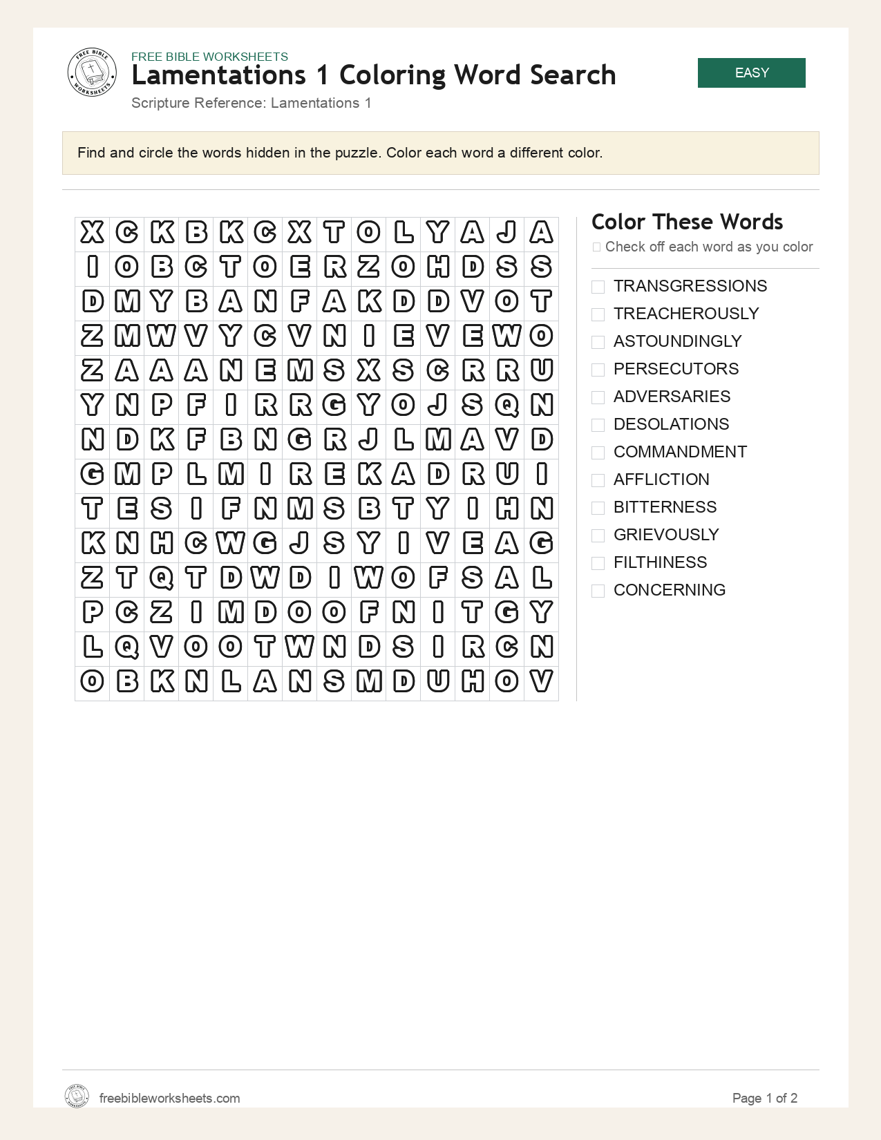 Lamentations 1 Coloring Word Search preview