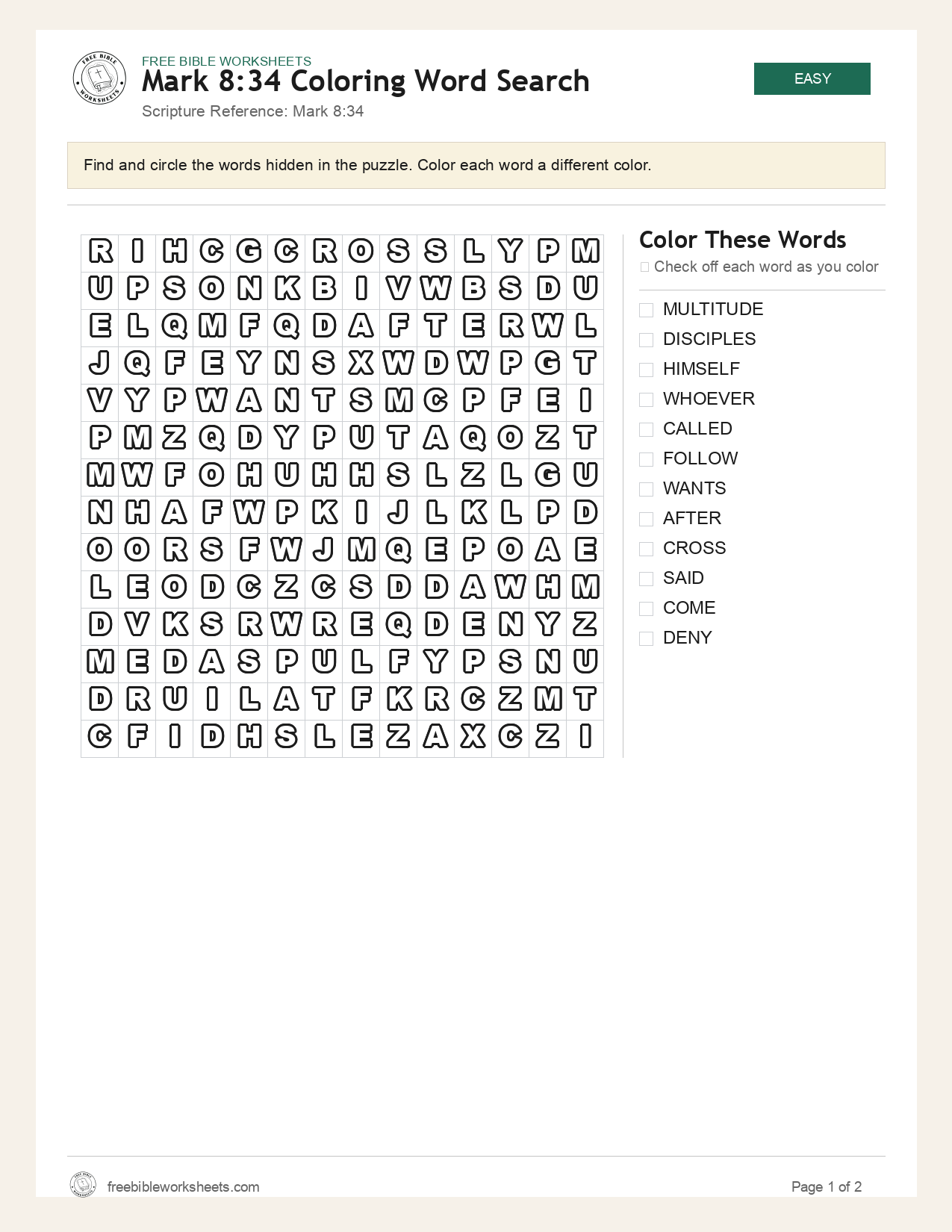 Mark 8:34 Coloring Word Search preview