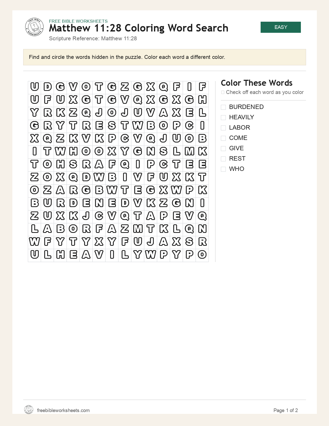 Matthew 11:28 Coloring Word Search preview