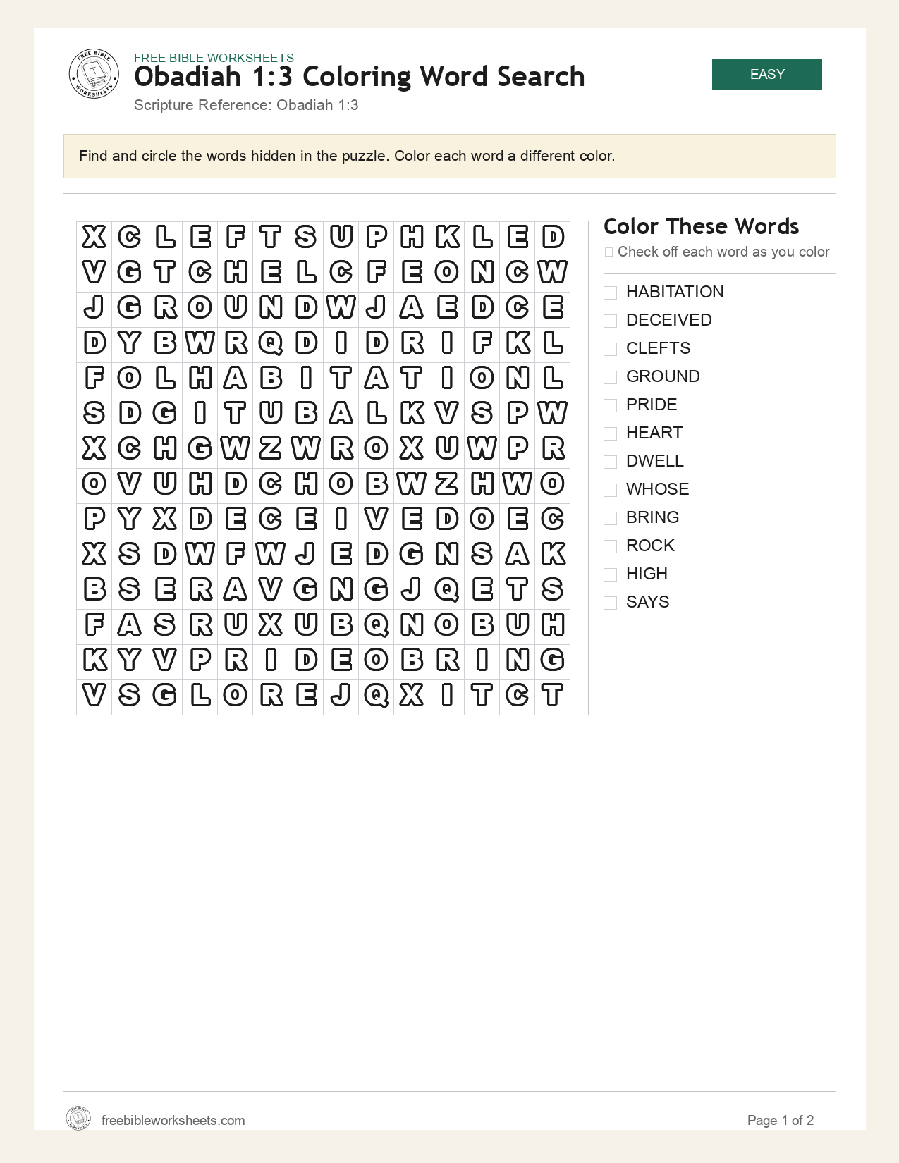 Obadiah 1:3 Coloring Word Search preview