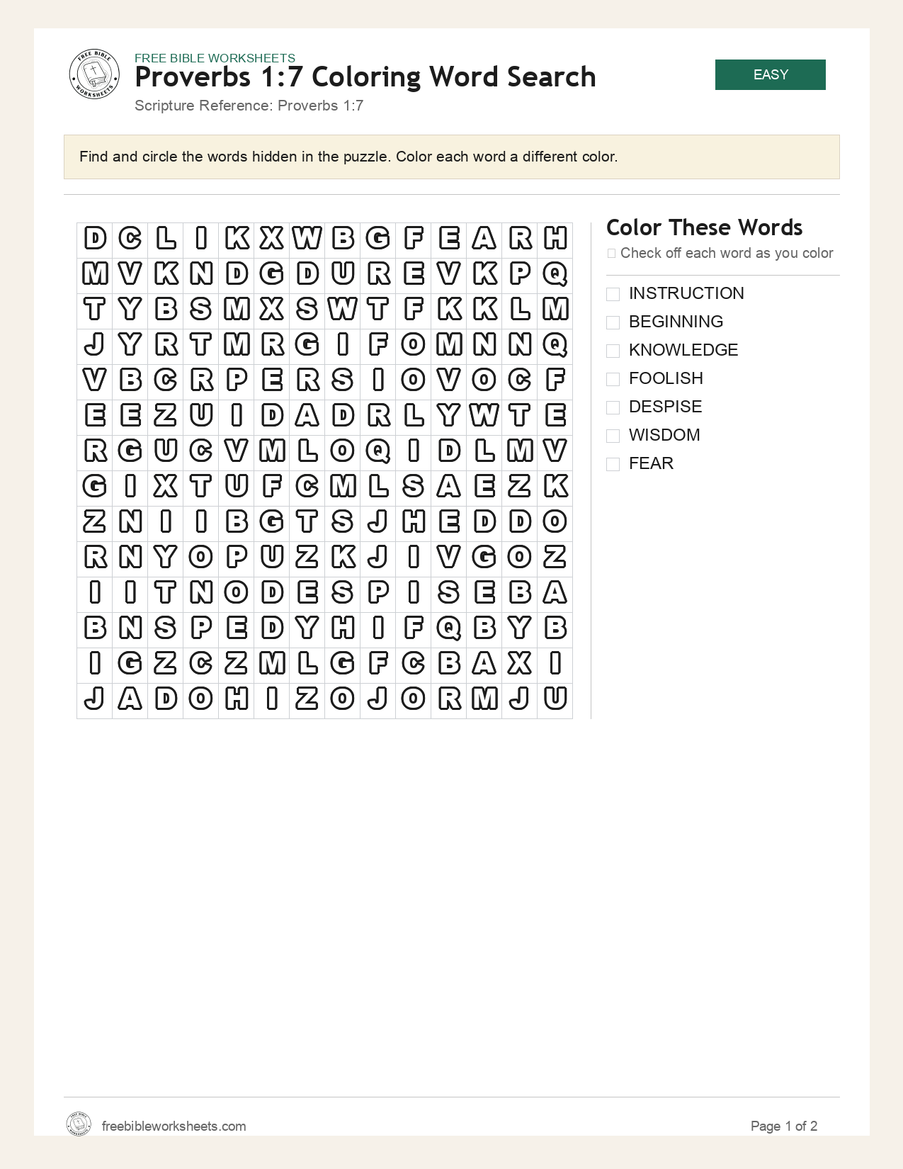 Proverbs 1:7 Coloring Word Search preview