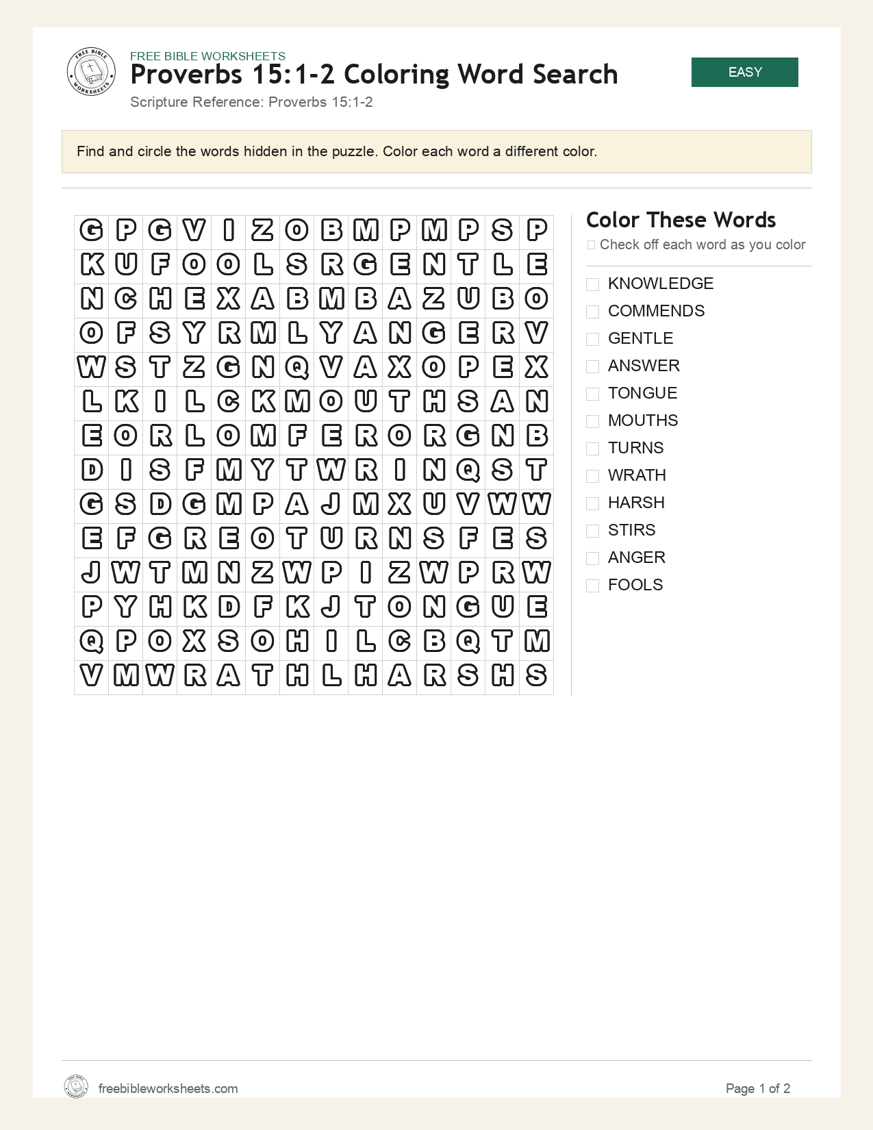 Proverbs 15:1-2 Coloring Word Search preview