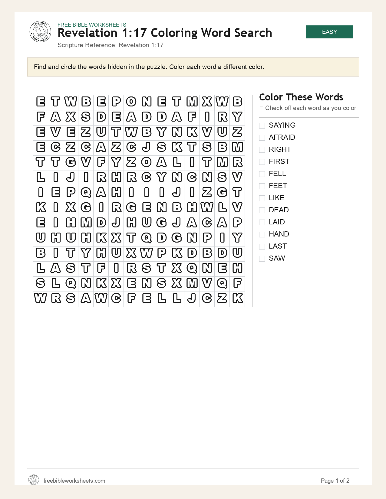 Revelation 1:17 Coloring Word Search preview