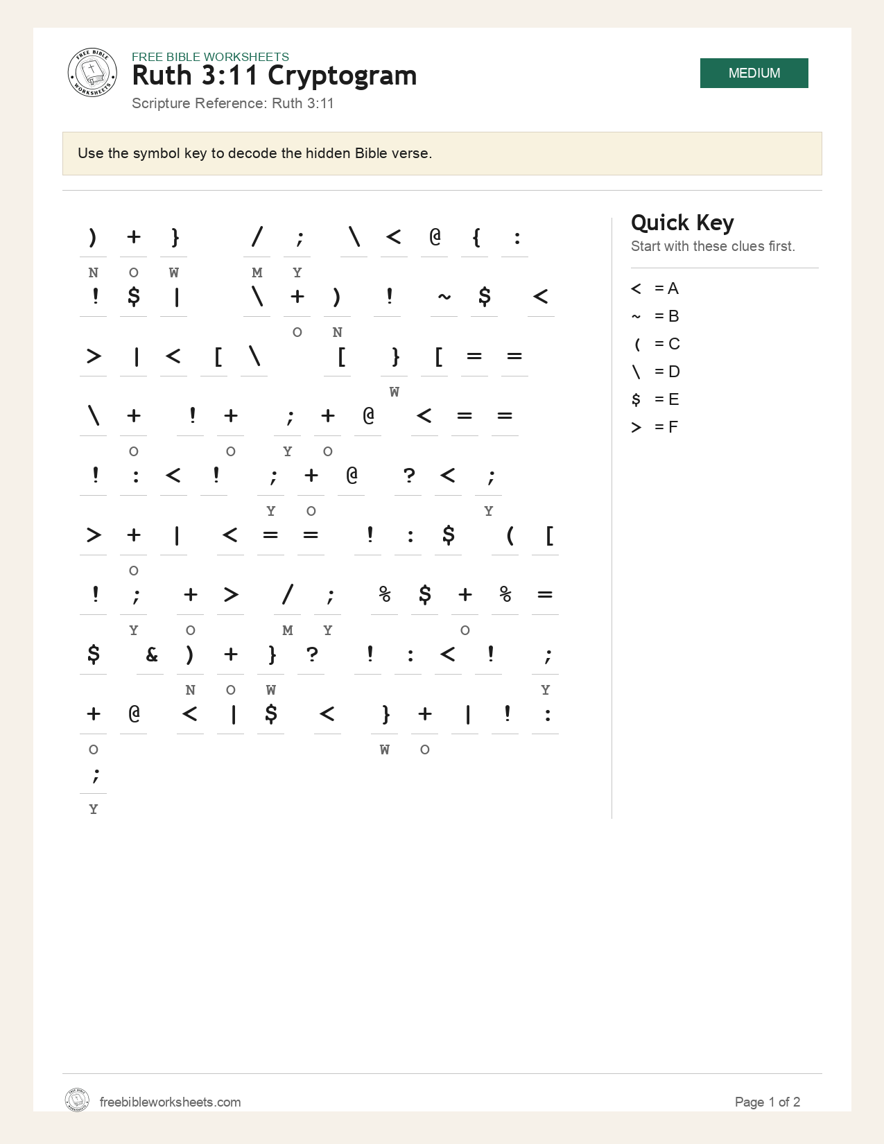 Ruth 3:11 Cryptogram preview