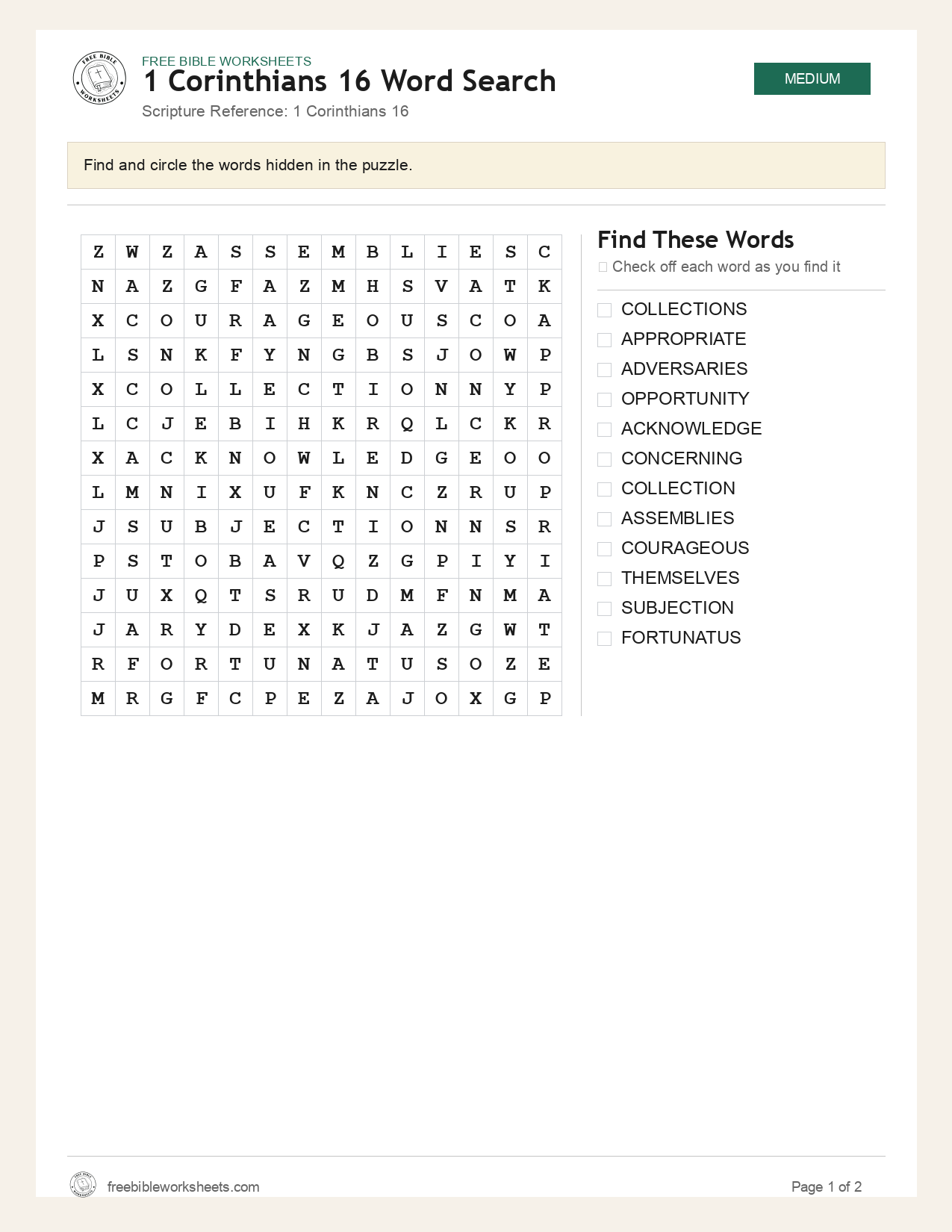 1 Corinthians 16 Word Search preview