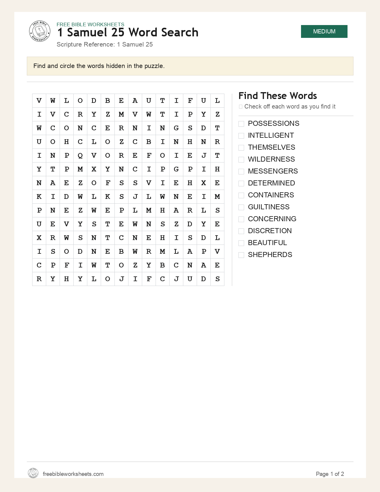 1 Samuel 25 Word Search preview