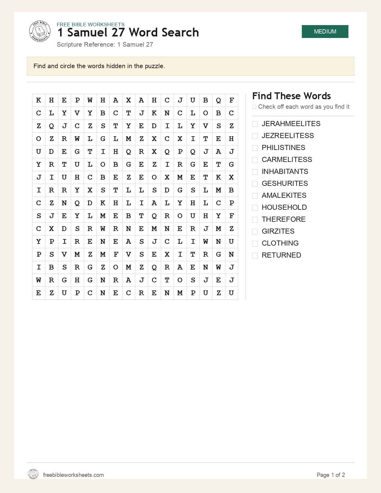 1 Samuel 27 Word Search preview