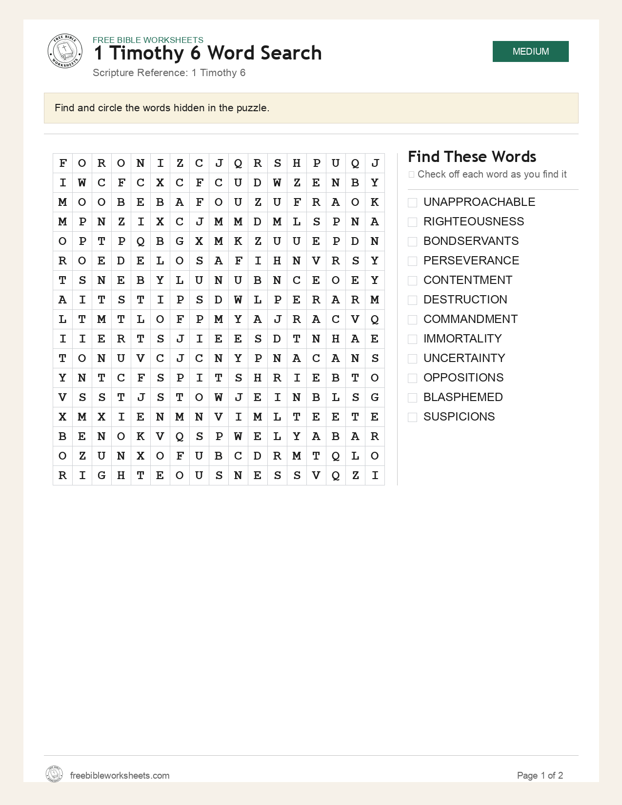 1 Timothy 6 Word Search preview