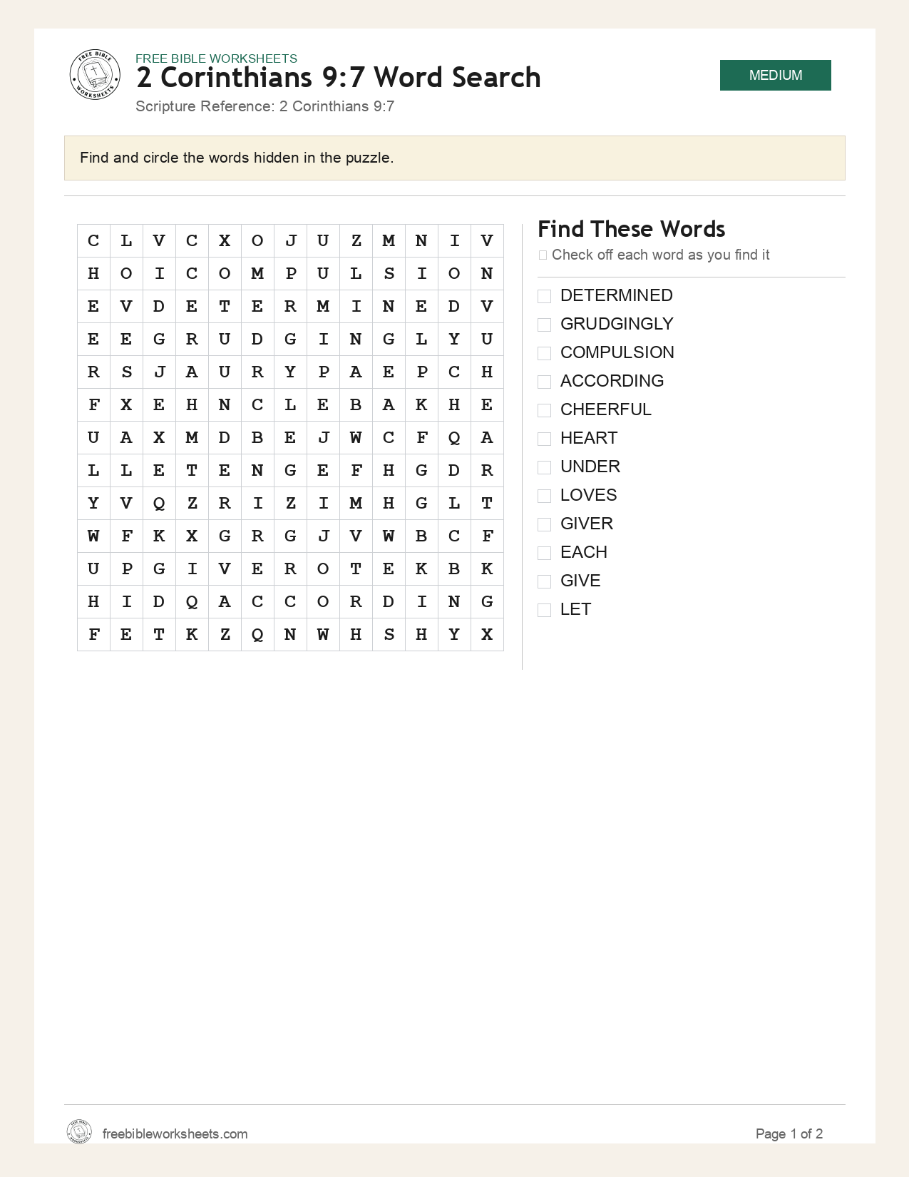 2 Corinthians 9:7 Word Search preview