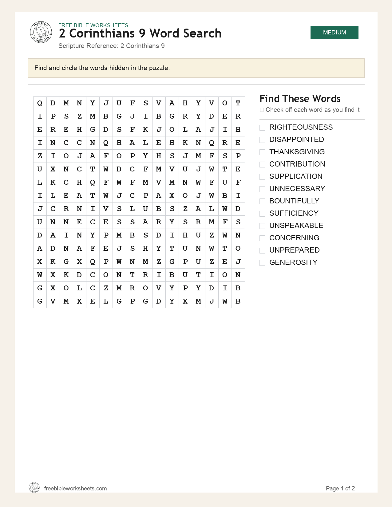 2 Corinthians 9 Word Search preview