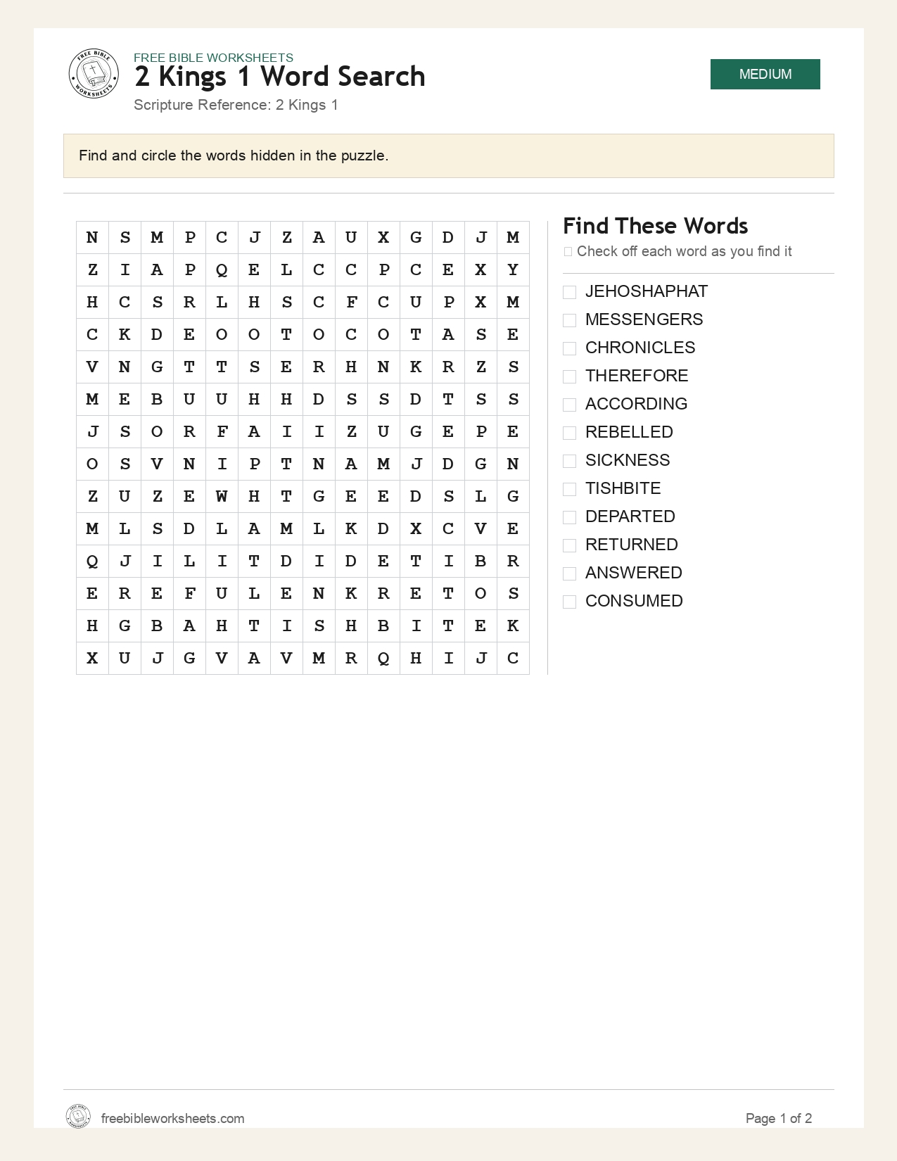 2 Kings 1 Word Search preview