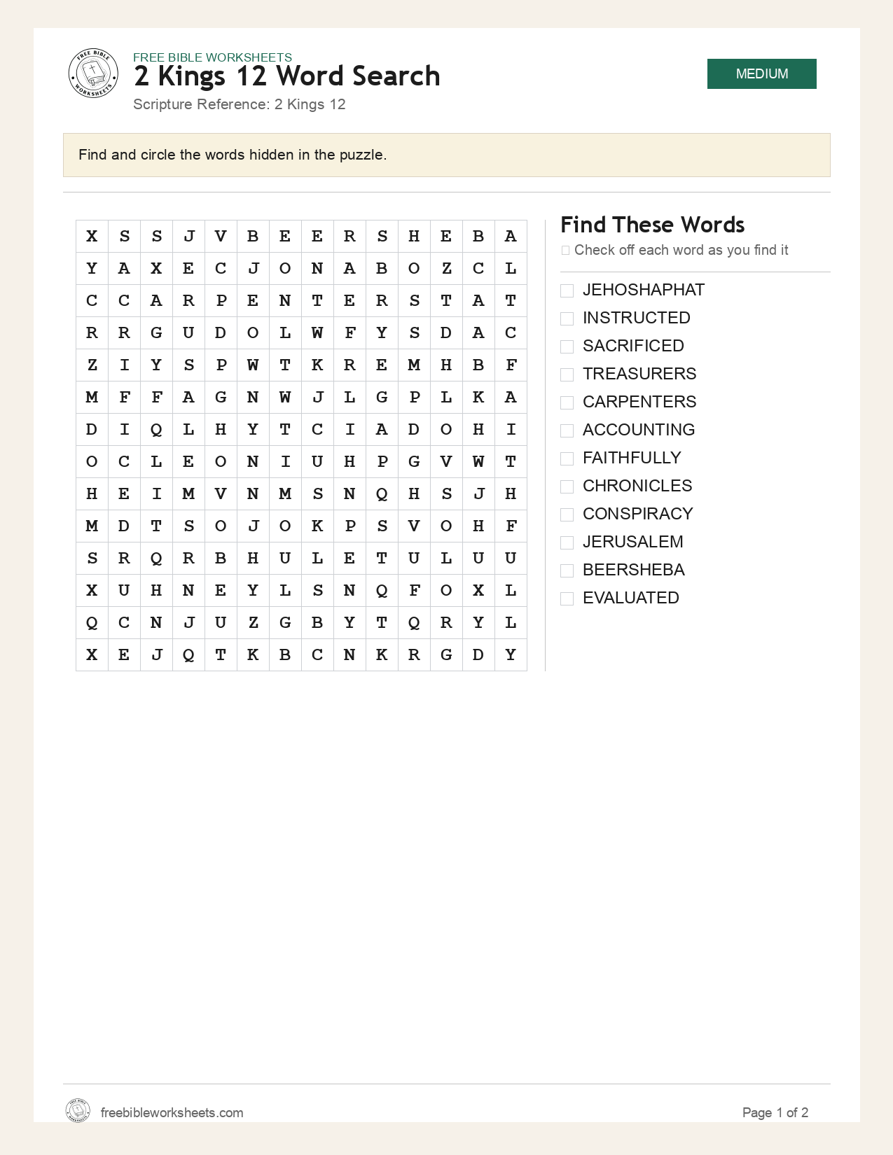 2 Kings 12 Word Search preview