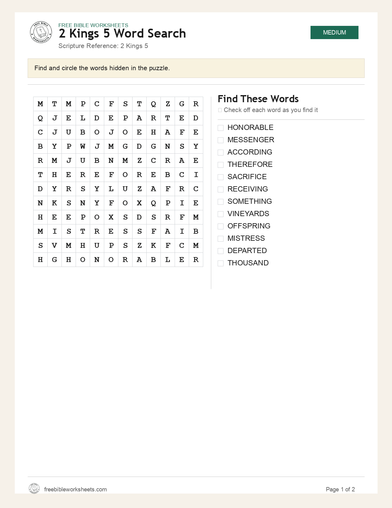 2 Kings 5 Word Search preview