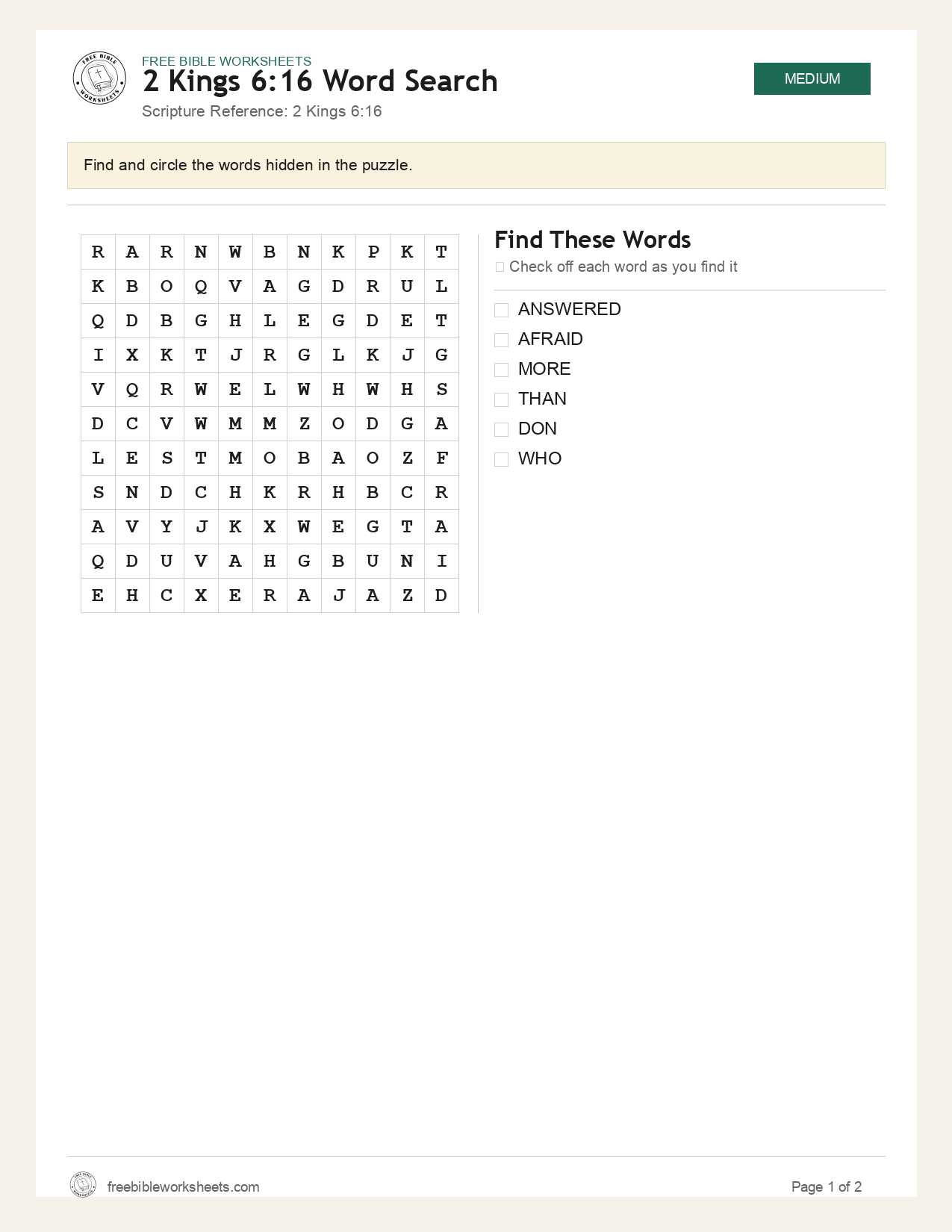 2 Kings 6:16 Word Search preview