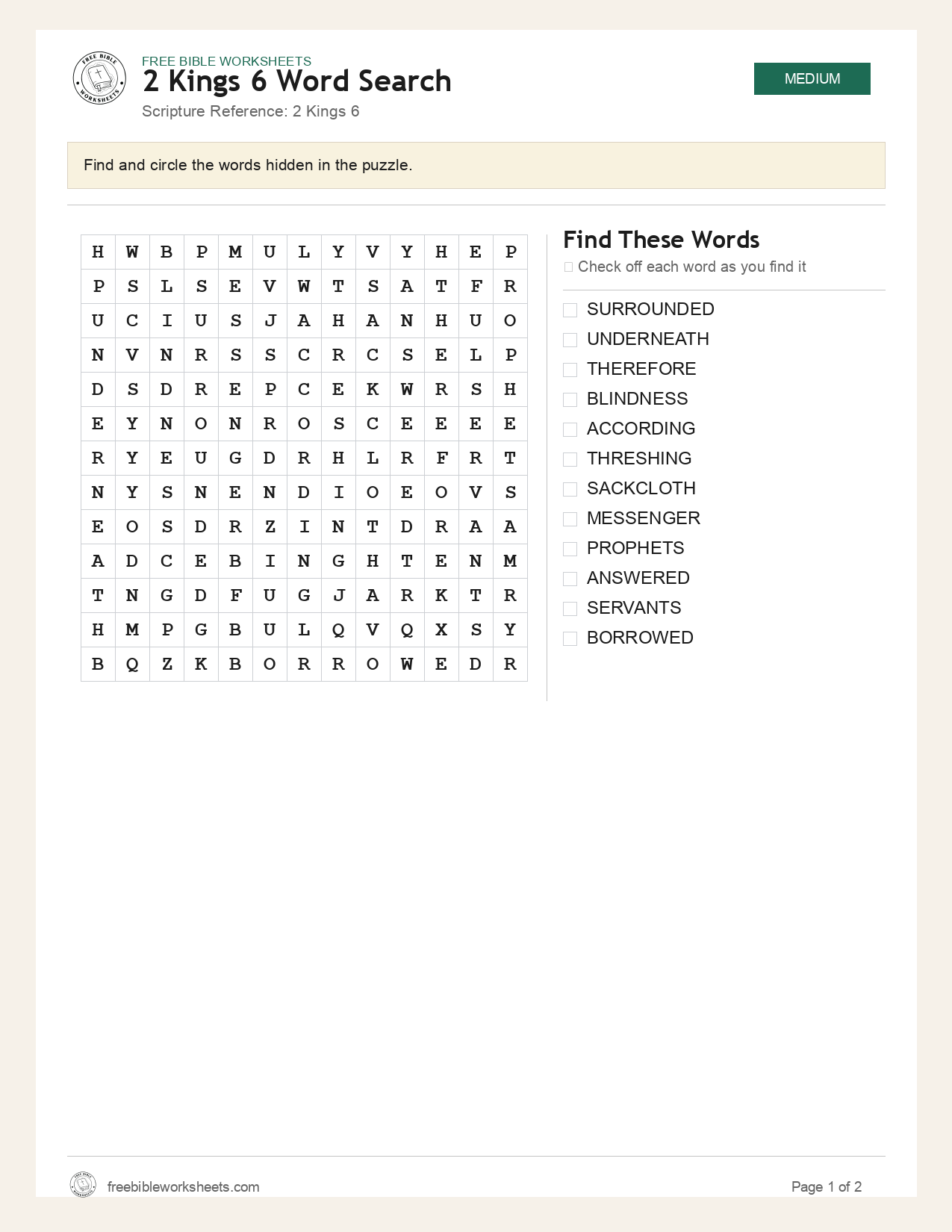 2 Kings 6 Word Search preview