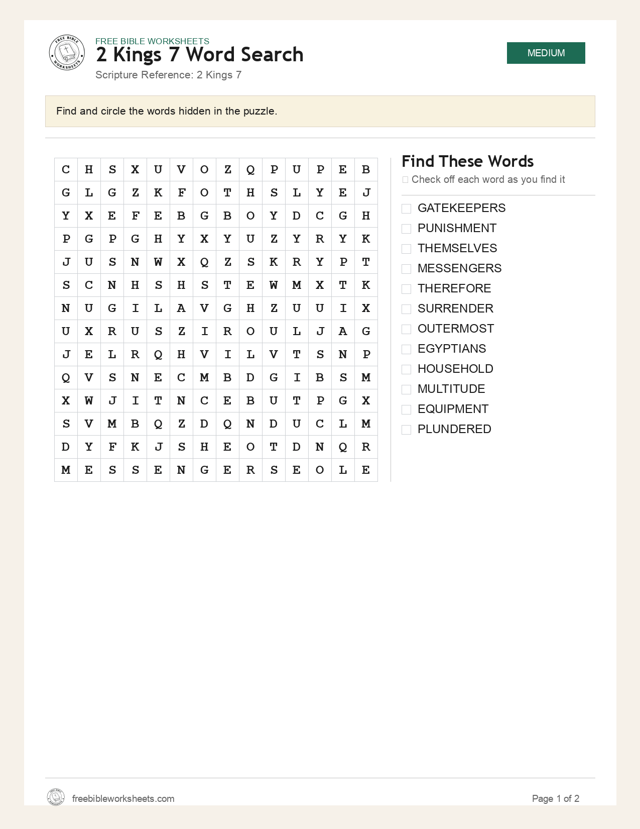 2 Kings 7 Word Search preview