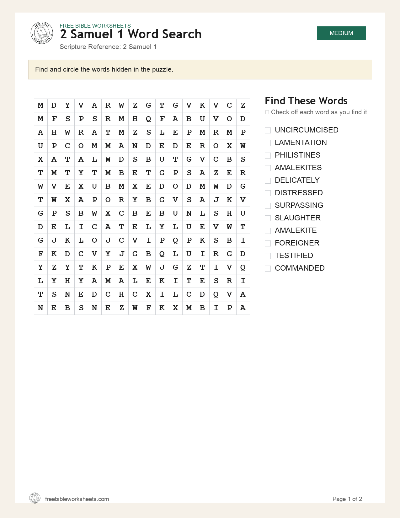2 Samuel 1 Word Search preview
