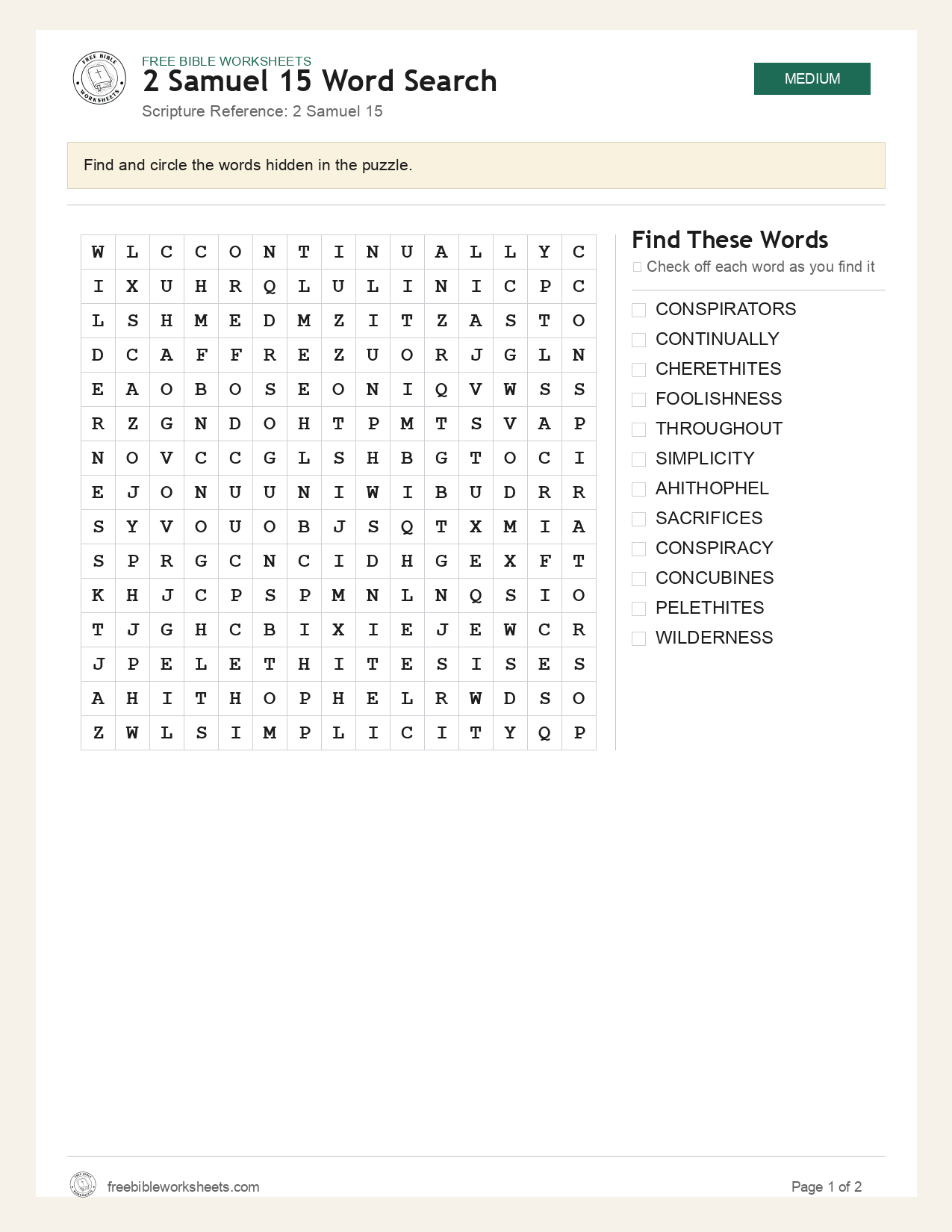 2 Samuel 15 Word Search preview