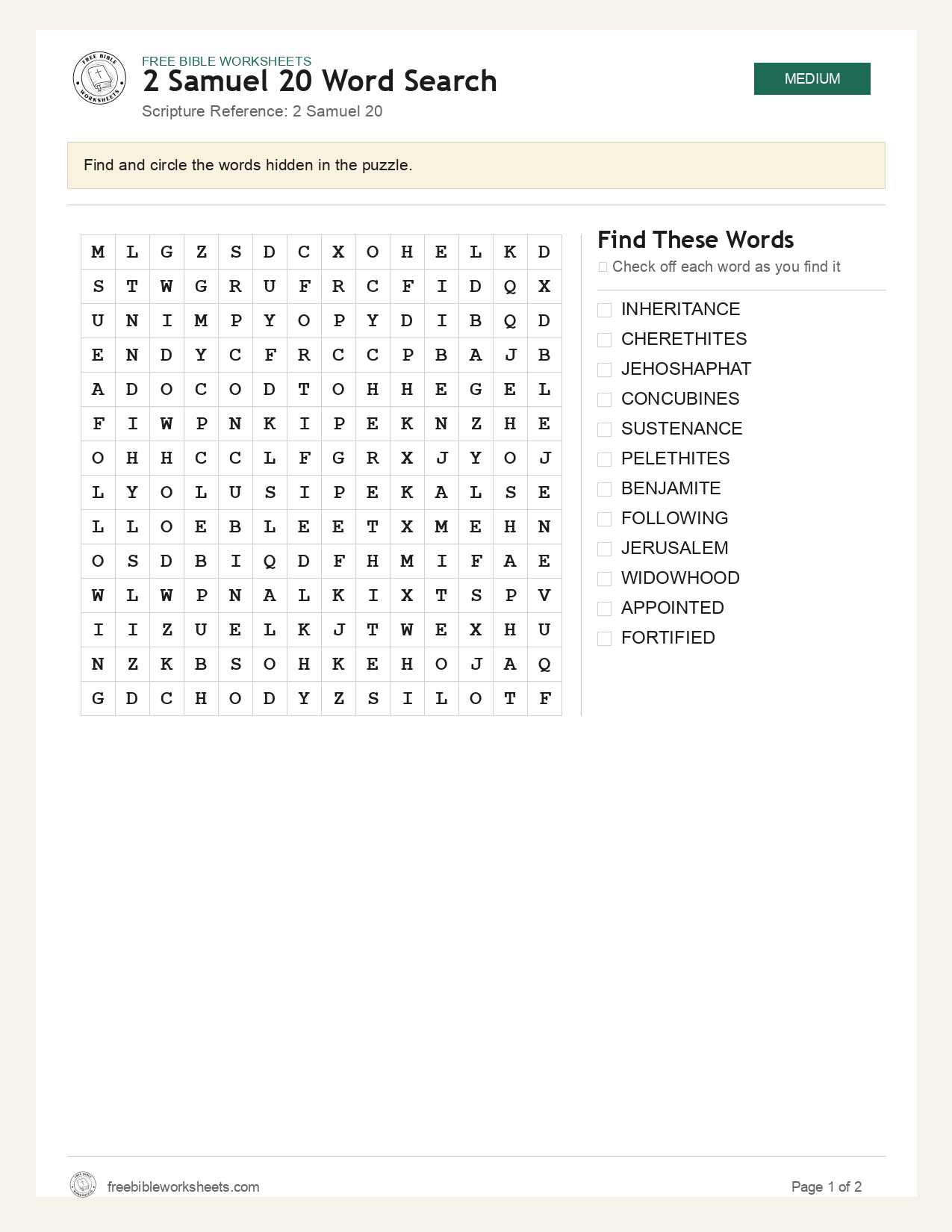 2 Samuel 20 Word Search preview