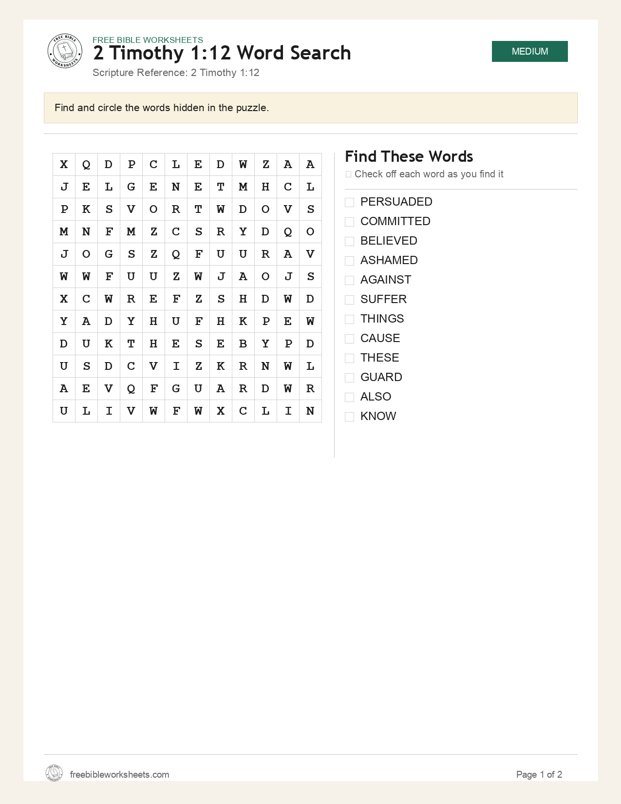 2 Timothy 1:12 Word Search preview
