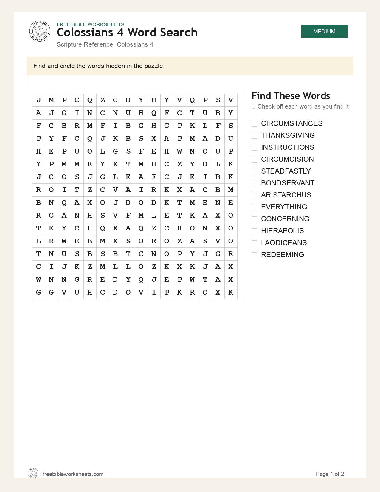 Colossians 4 Word Search preview