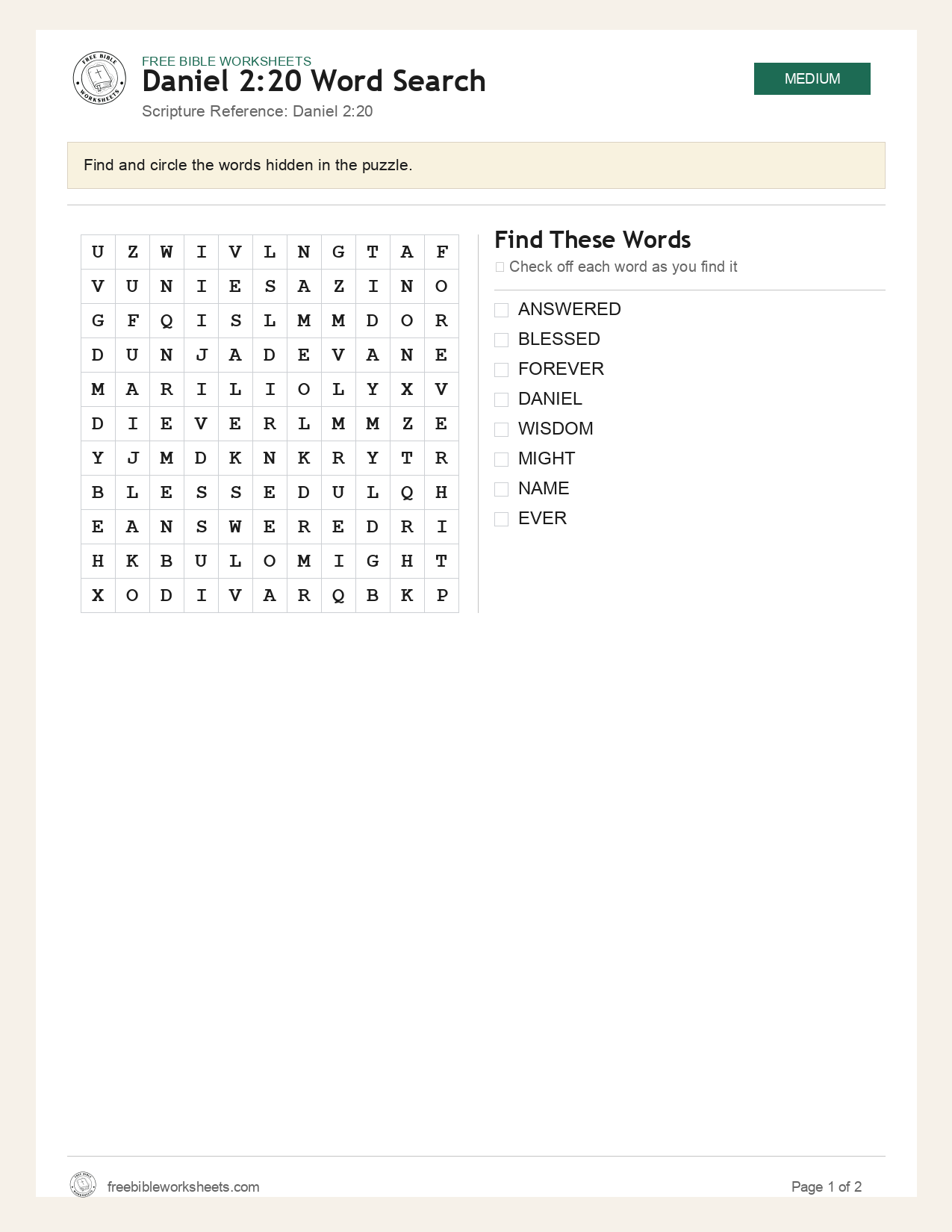 Daniel 2:20 Word Search preview
