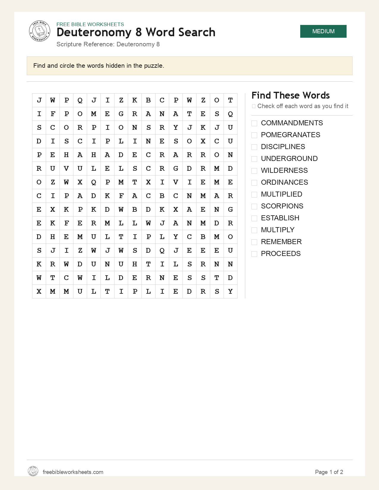 Deuteronomy 8 Word Search preview