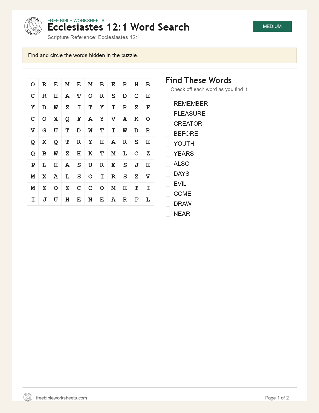Ecclesiastes 12:1 Word Search preview