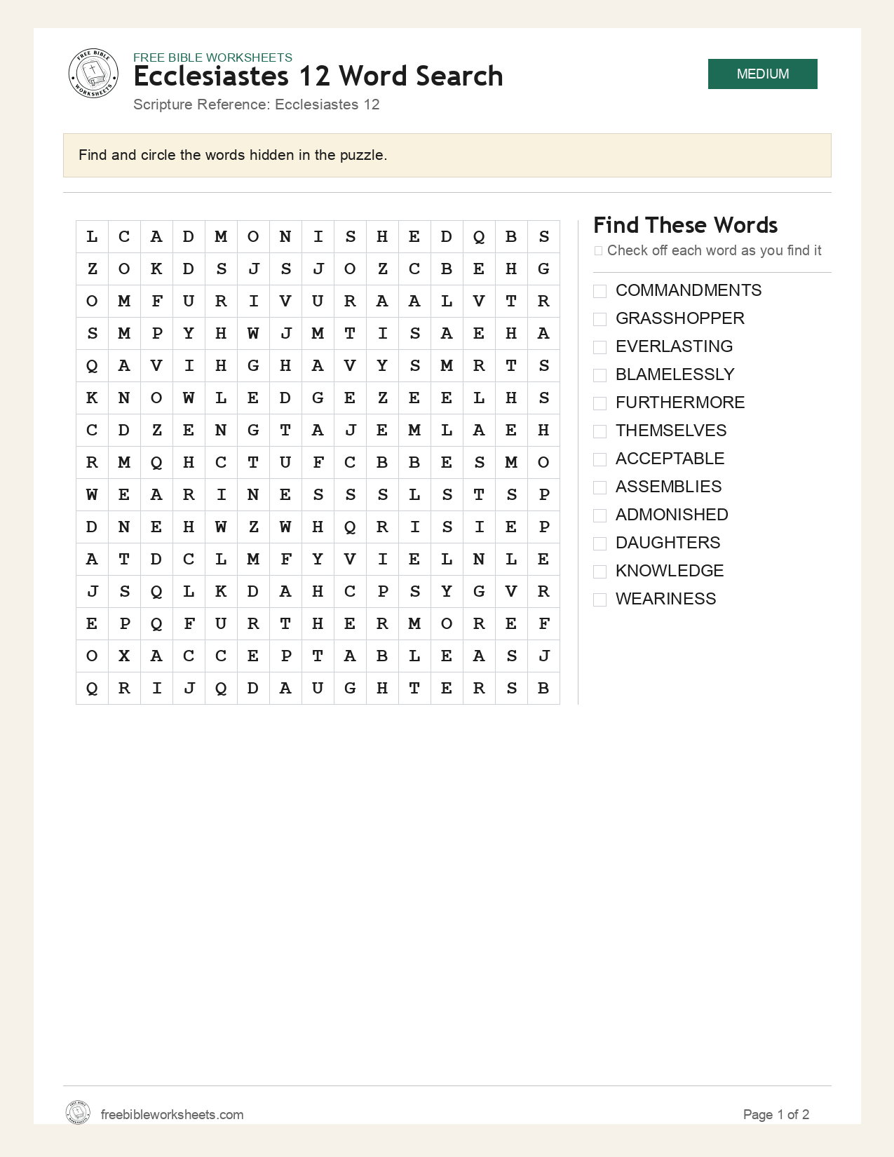 Ecclesiastes 12 Word Search preview