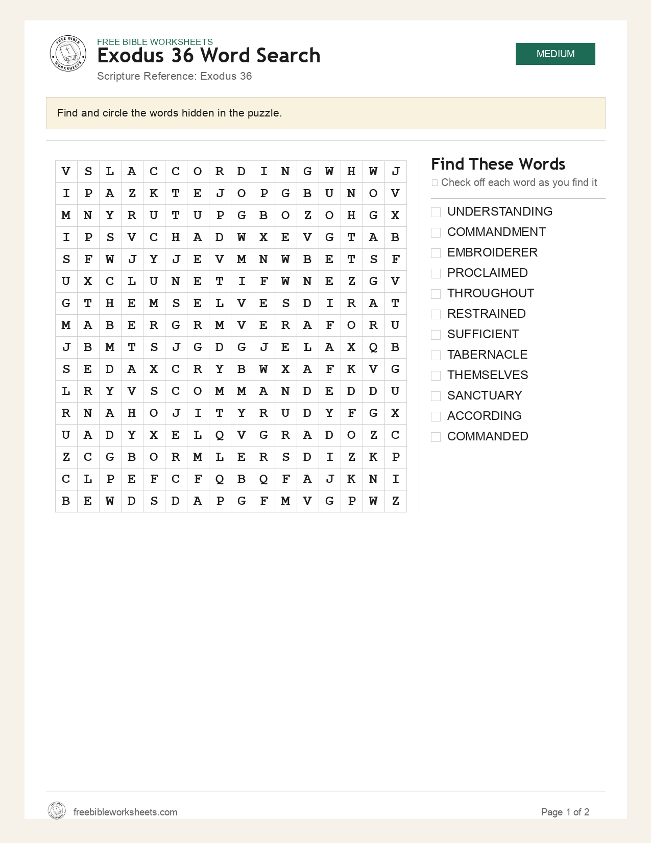 Exodus 36 Word Search preview