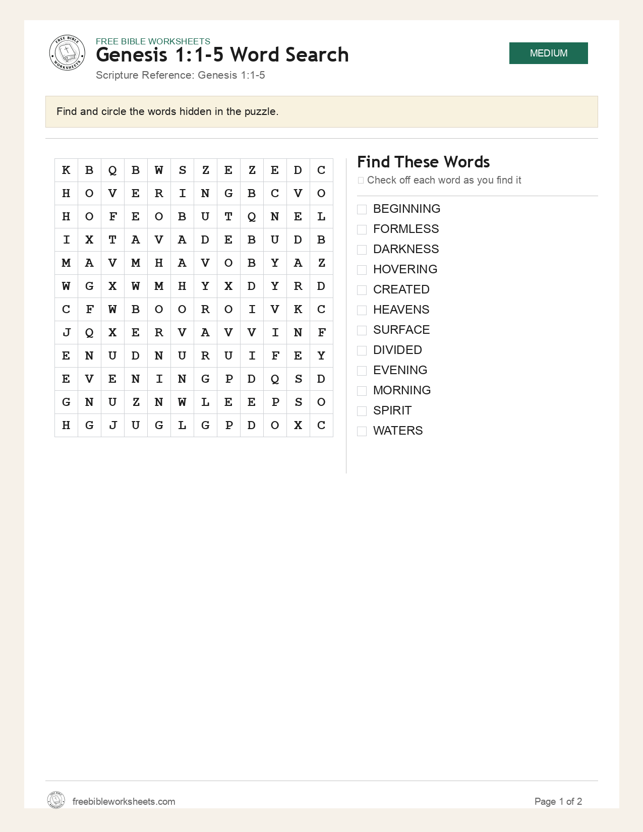 Genesis 1:1-5 Word Search preview