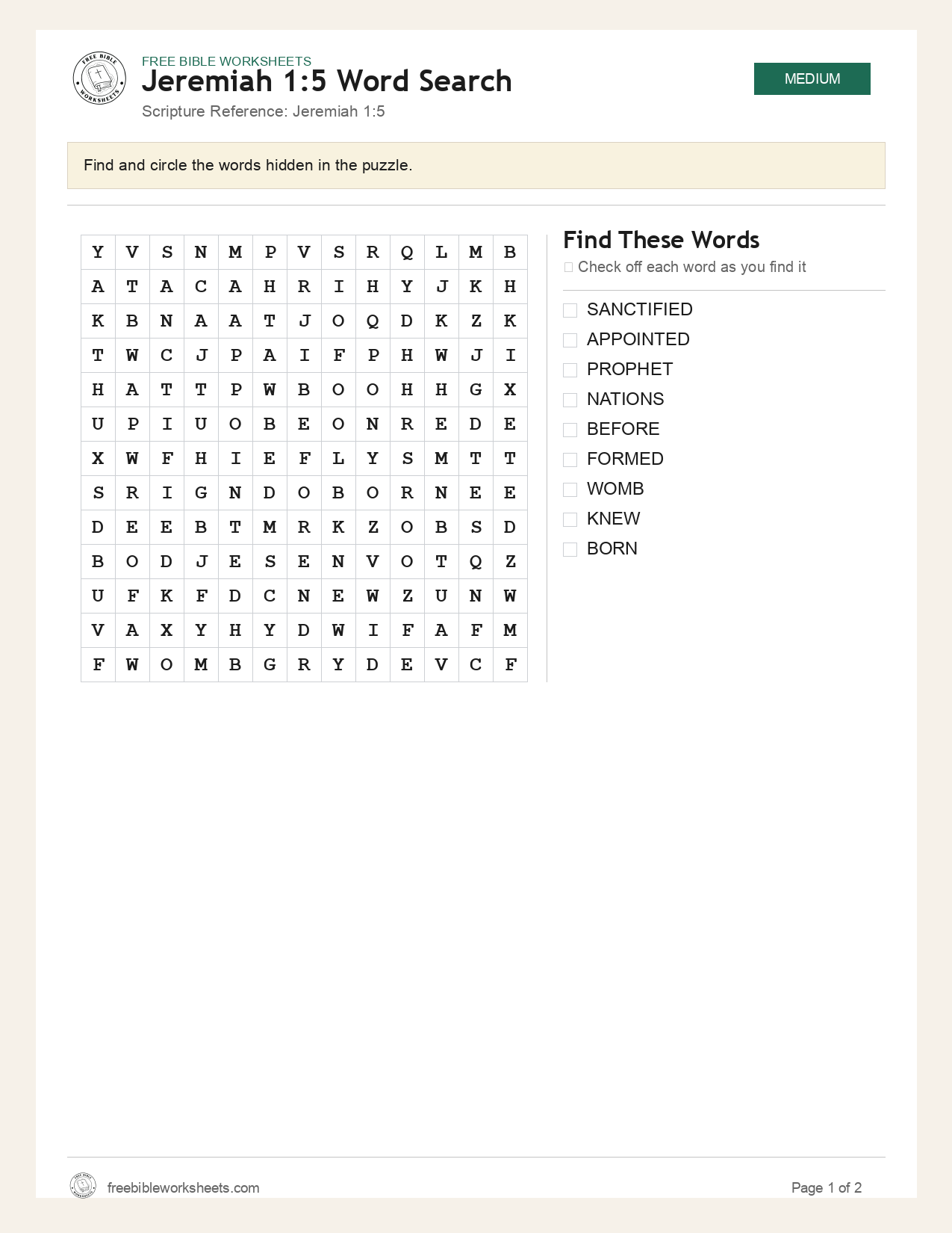 Jeremiah 1:5 Word Search preview
