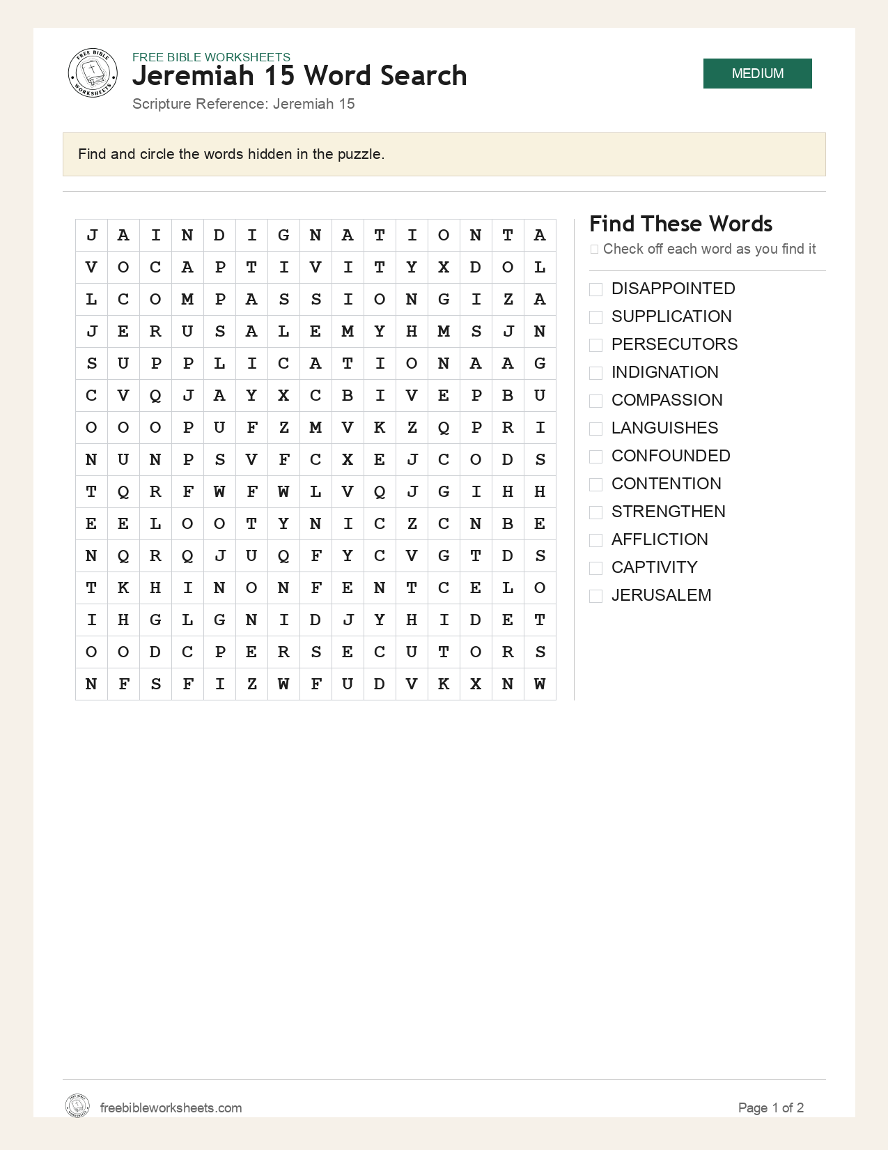 Jeremiah 15 Word Search preview