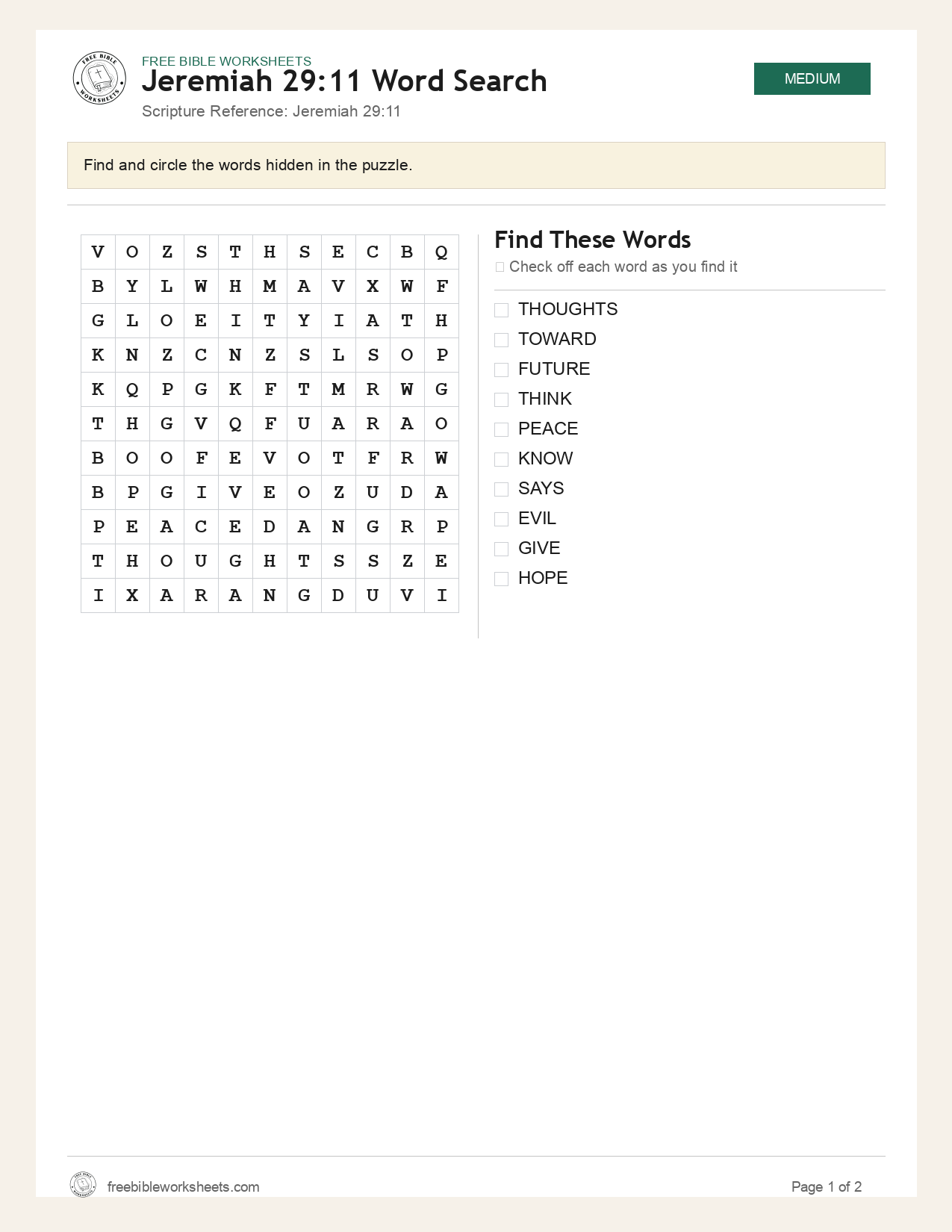 Jeremiah 29:11 Word Search preview