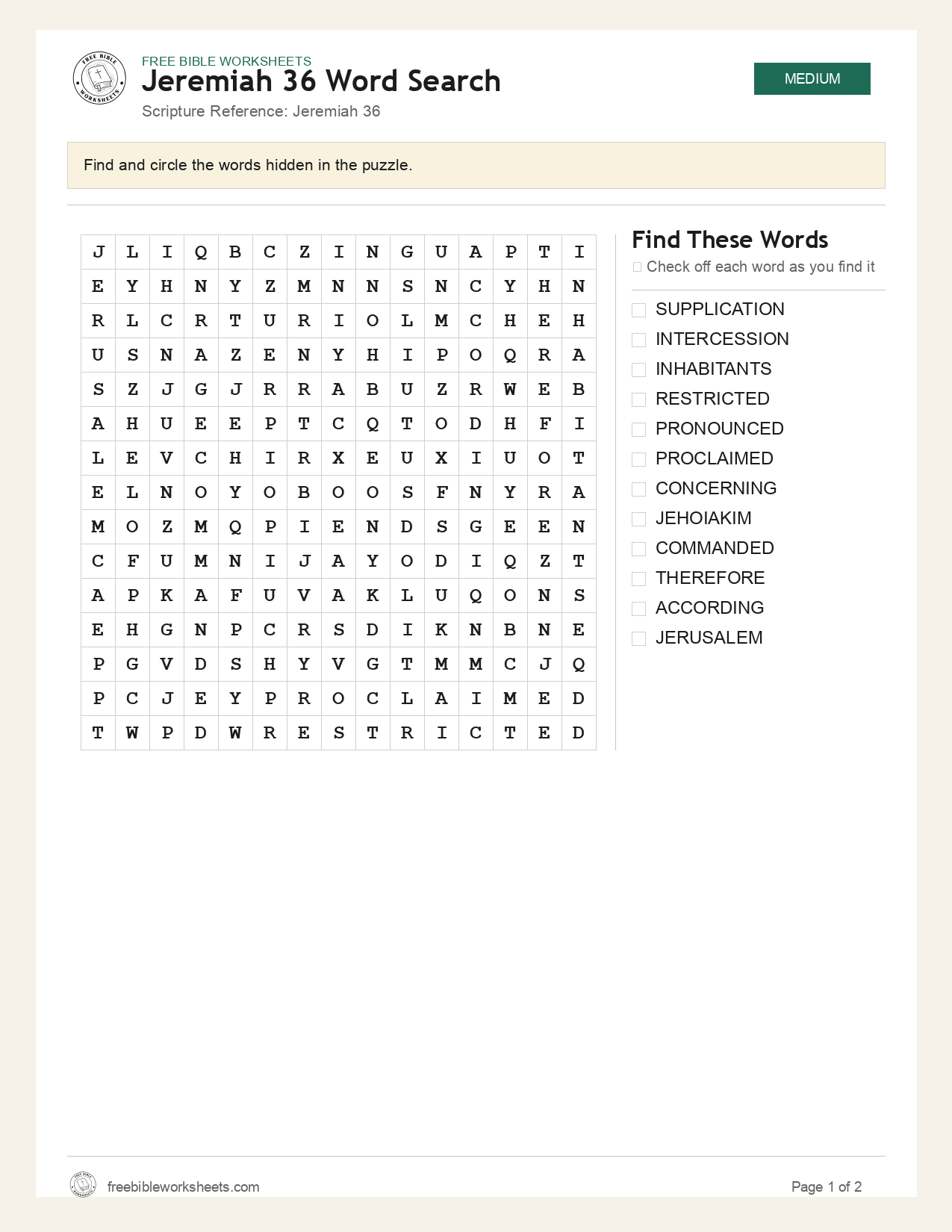 Jeremiah 36 Word Search preview