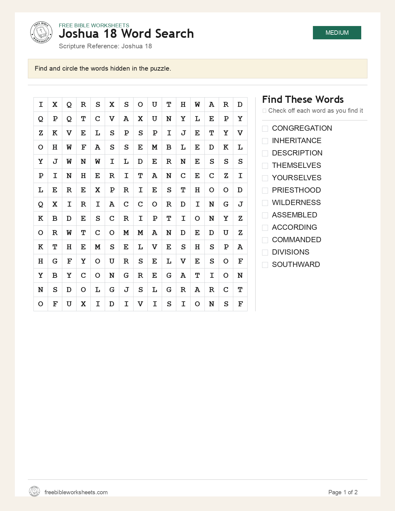 Joshua 18 Word Search preview