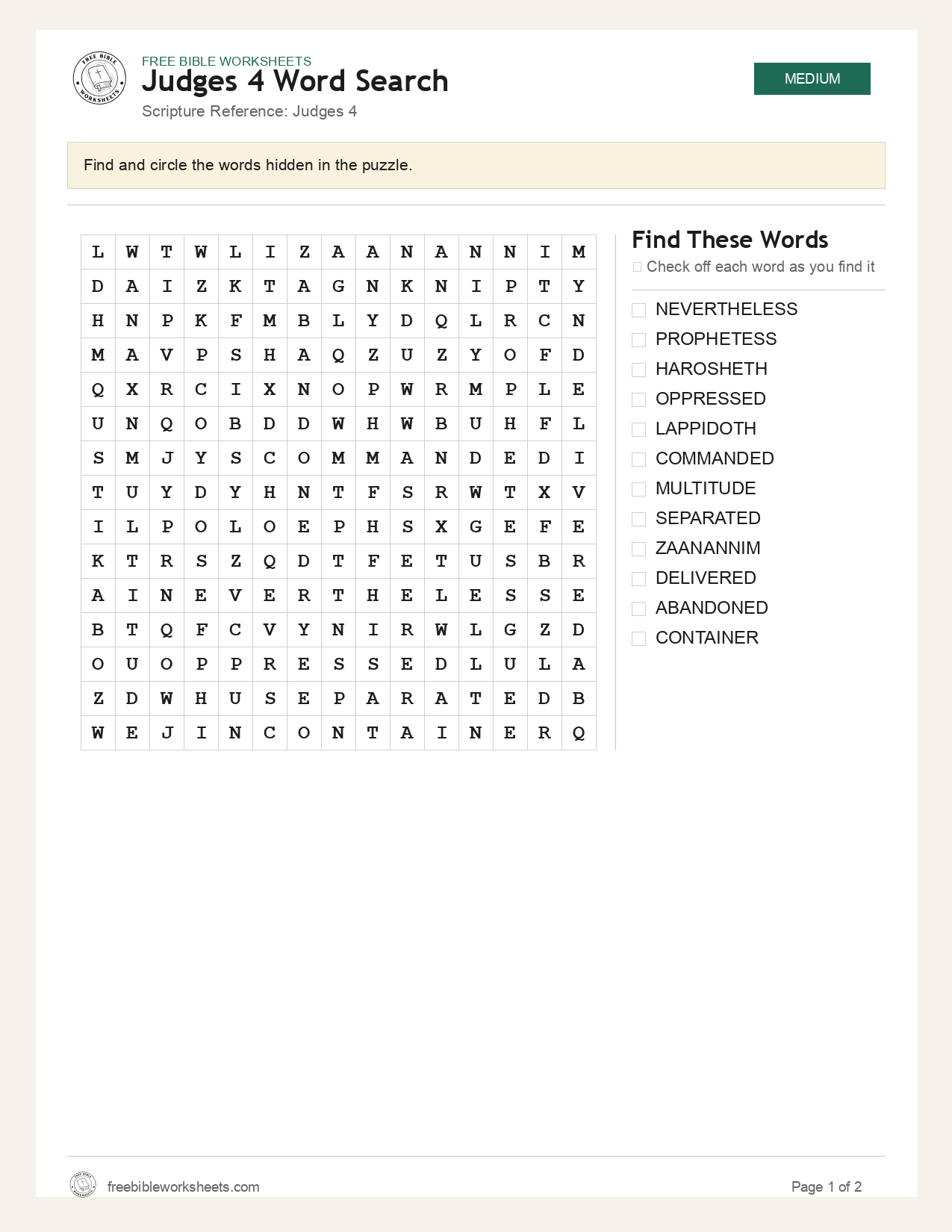 Judges 4 Word Search preview