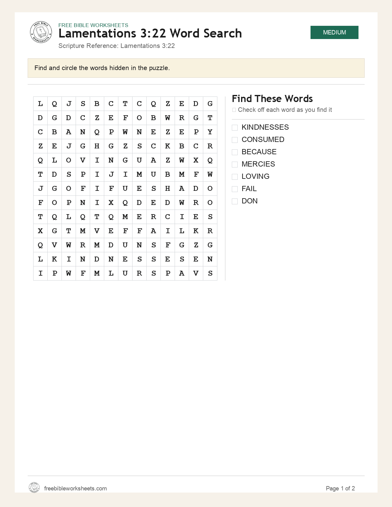 Lamentations 3:22 Word Search preview