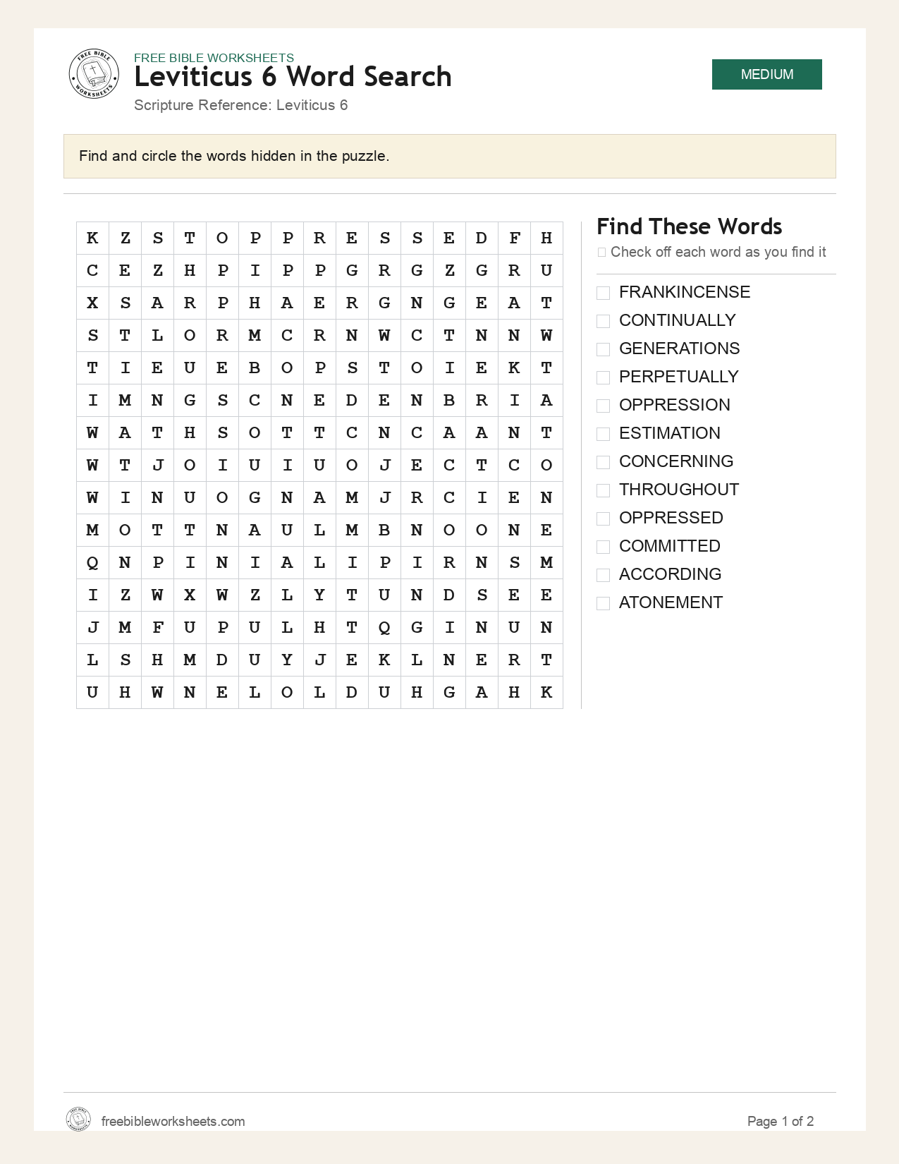 Leviticus 6 Word Search preview
