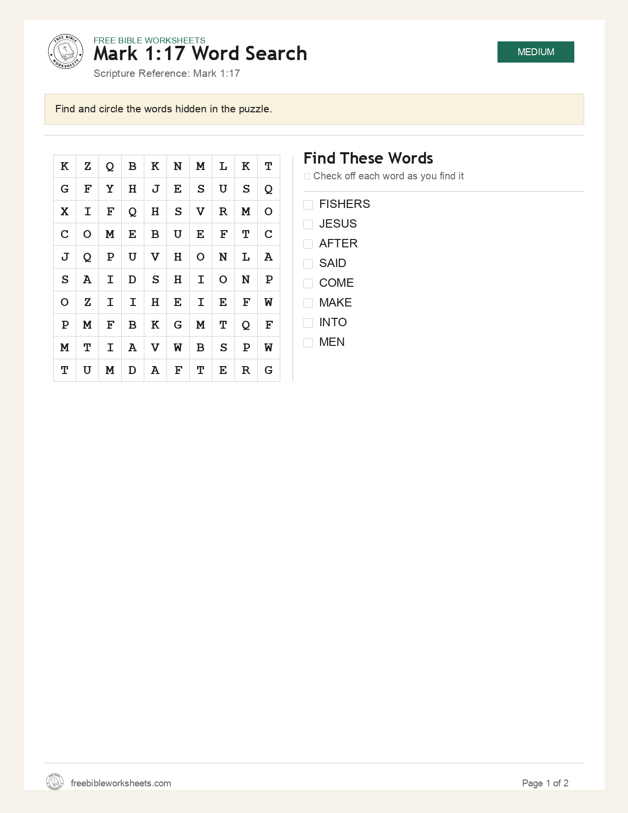 Mark 1:17 Word Search preview