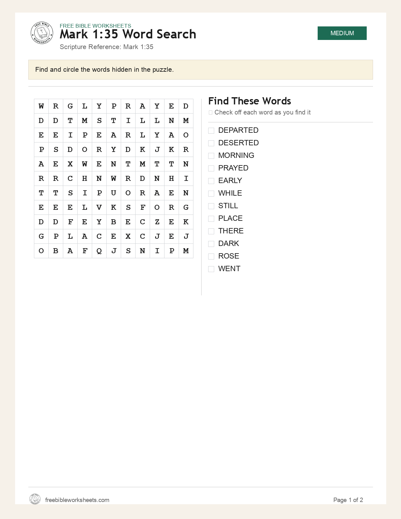 Mark 1:35 Word Search preview