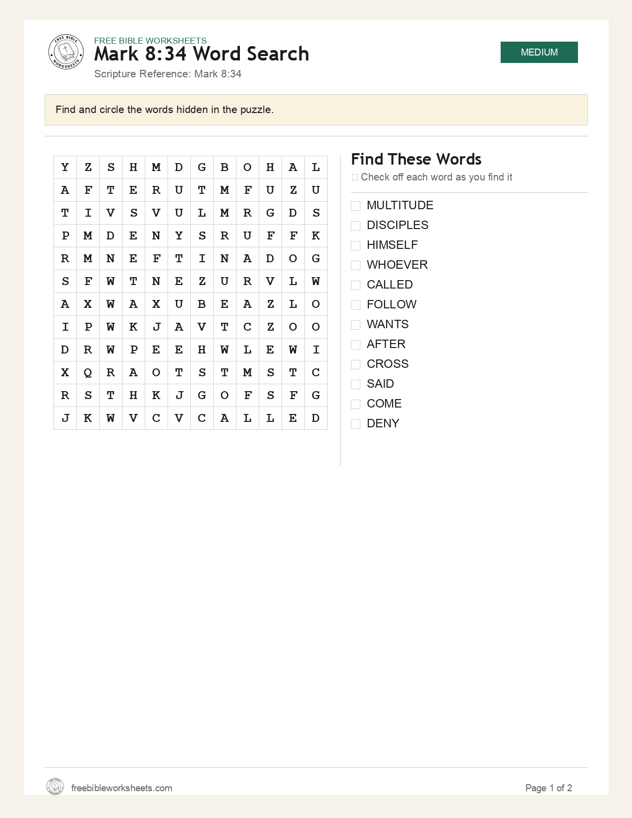 Mark 8:34 Word Search preview