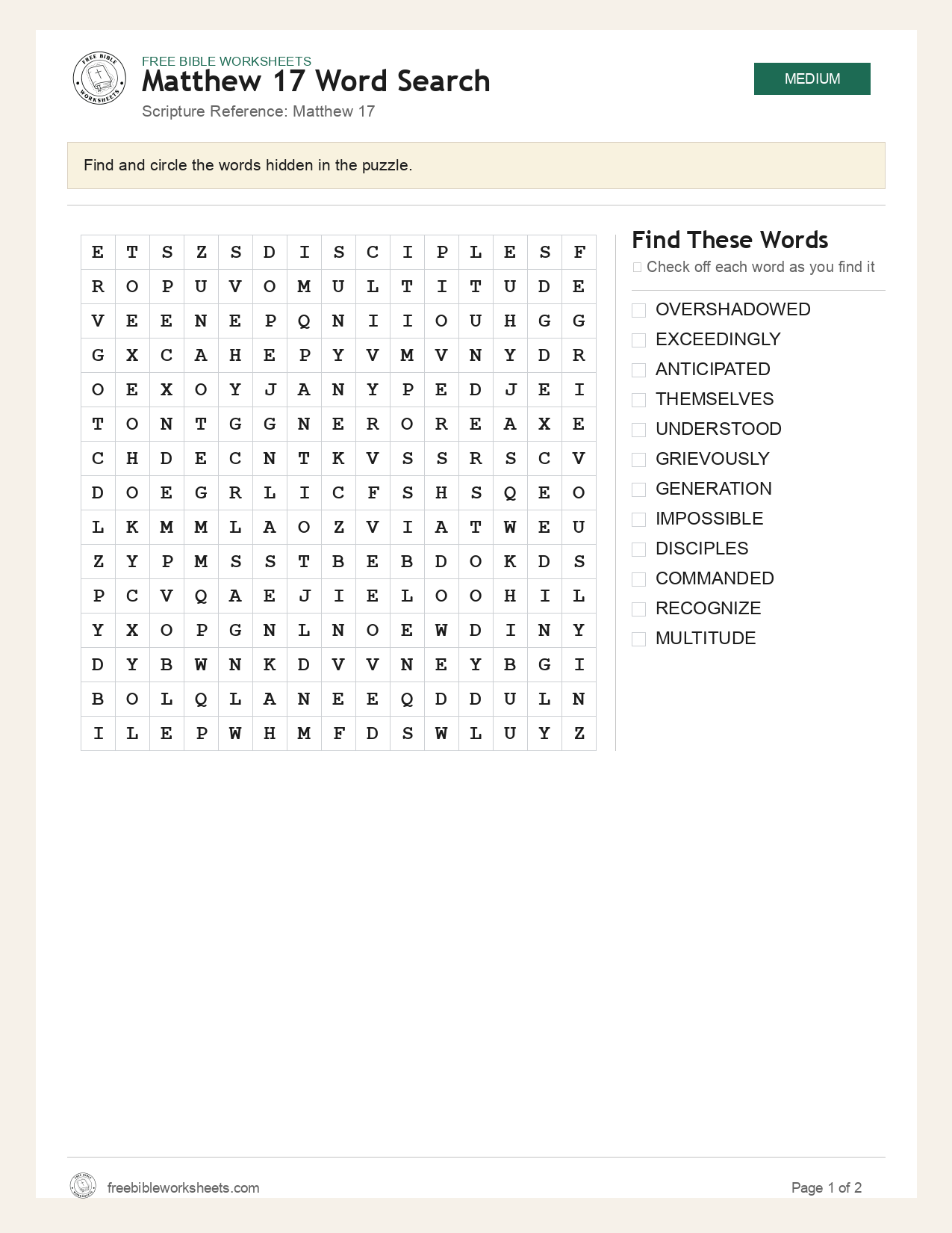 Matthew 17 Word Search preview